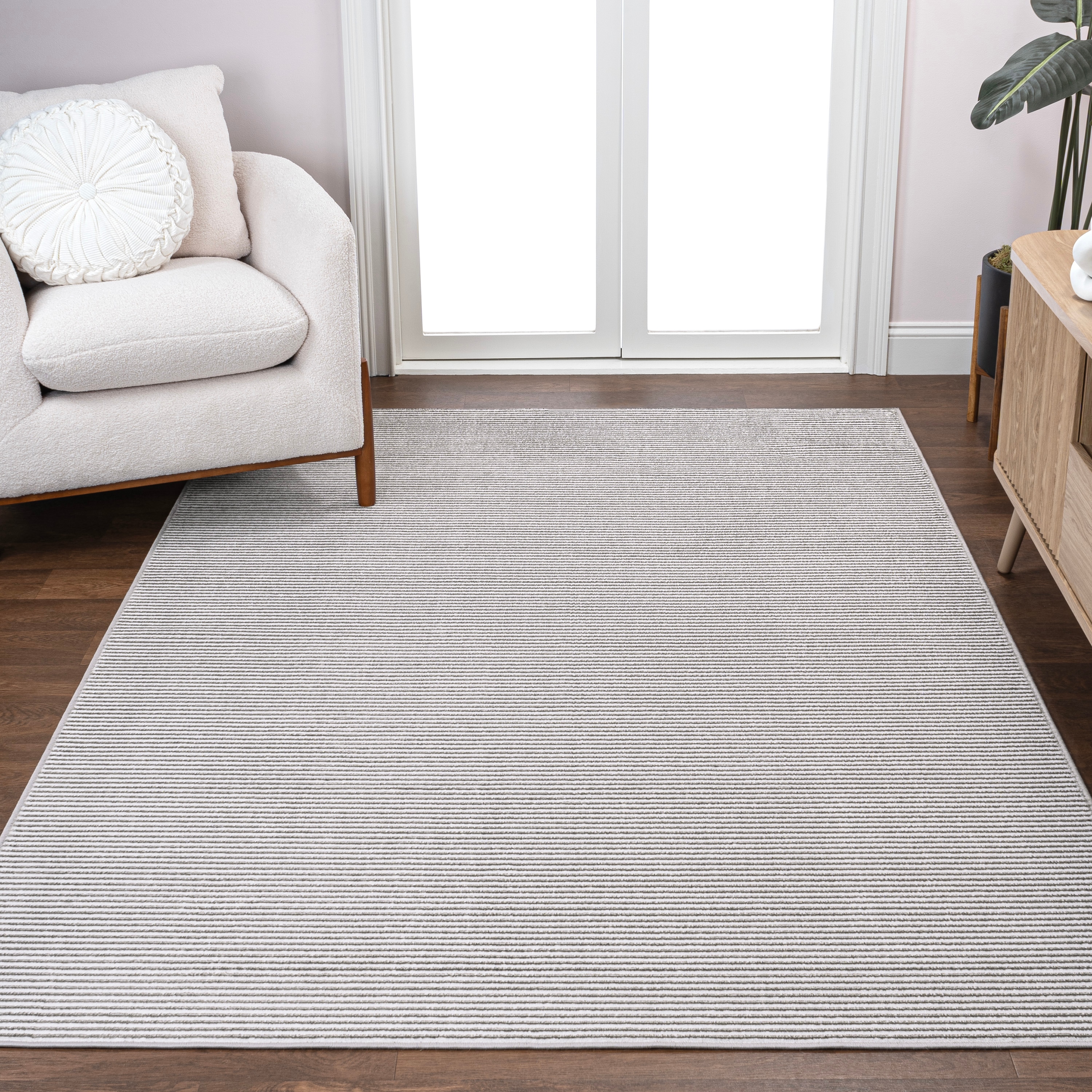 JONATHAN  Y CAR101E-8 CARMEL Cole Minimalist Pinstripe High-Low 8 x 10 (ft) Loomed Polyester Dark Silver/White Rectangular Indoor Stripe Farmhouse/Cottage Area rug