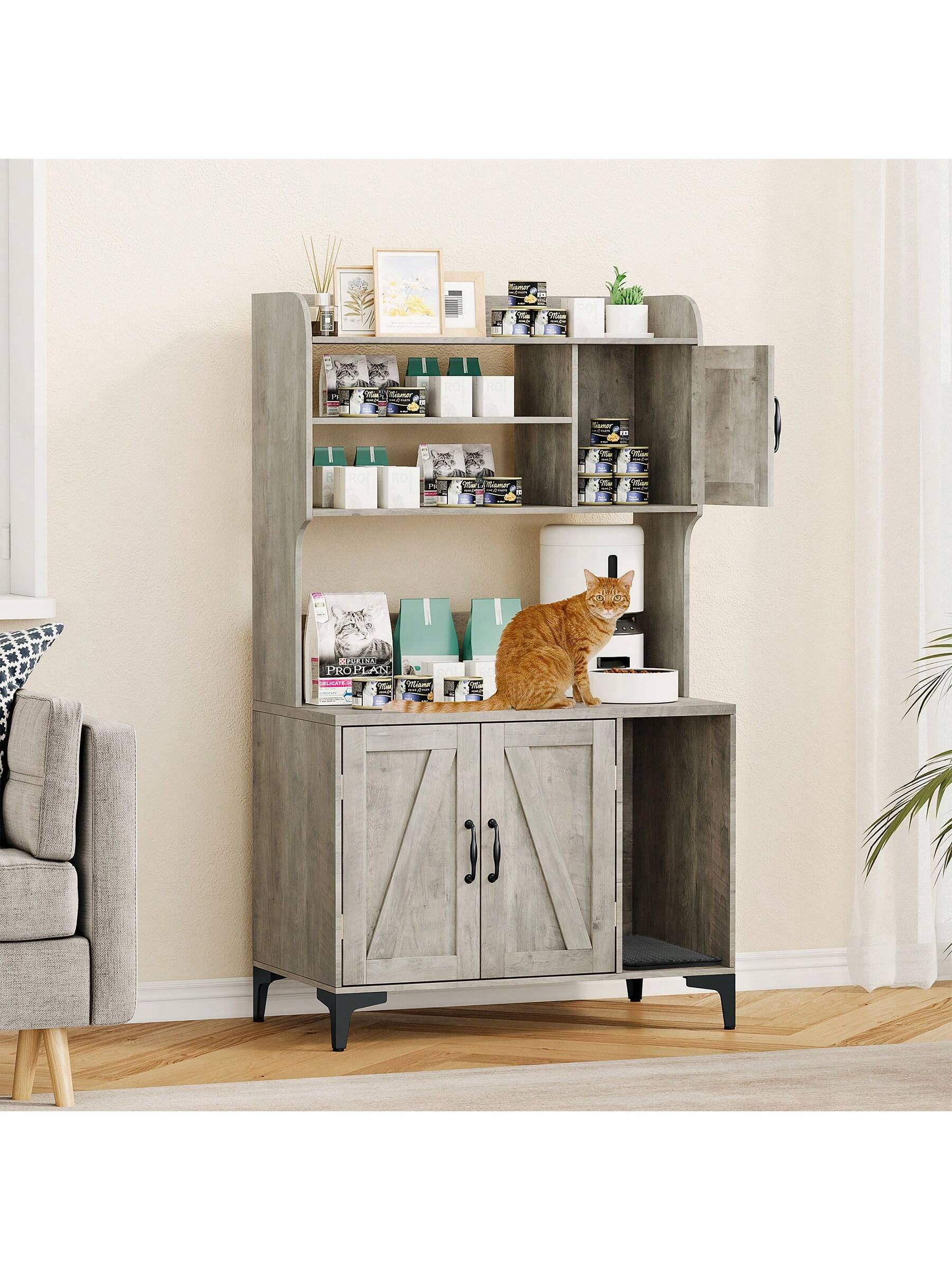 Qeetex PHO-0XTOS0J2-HF4 Cat Litter Box Enclosure With Storage Shelves. Hidden Cat Box Furniture With Scratching Mat. Cat Litter Box Cabinet. White