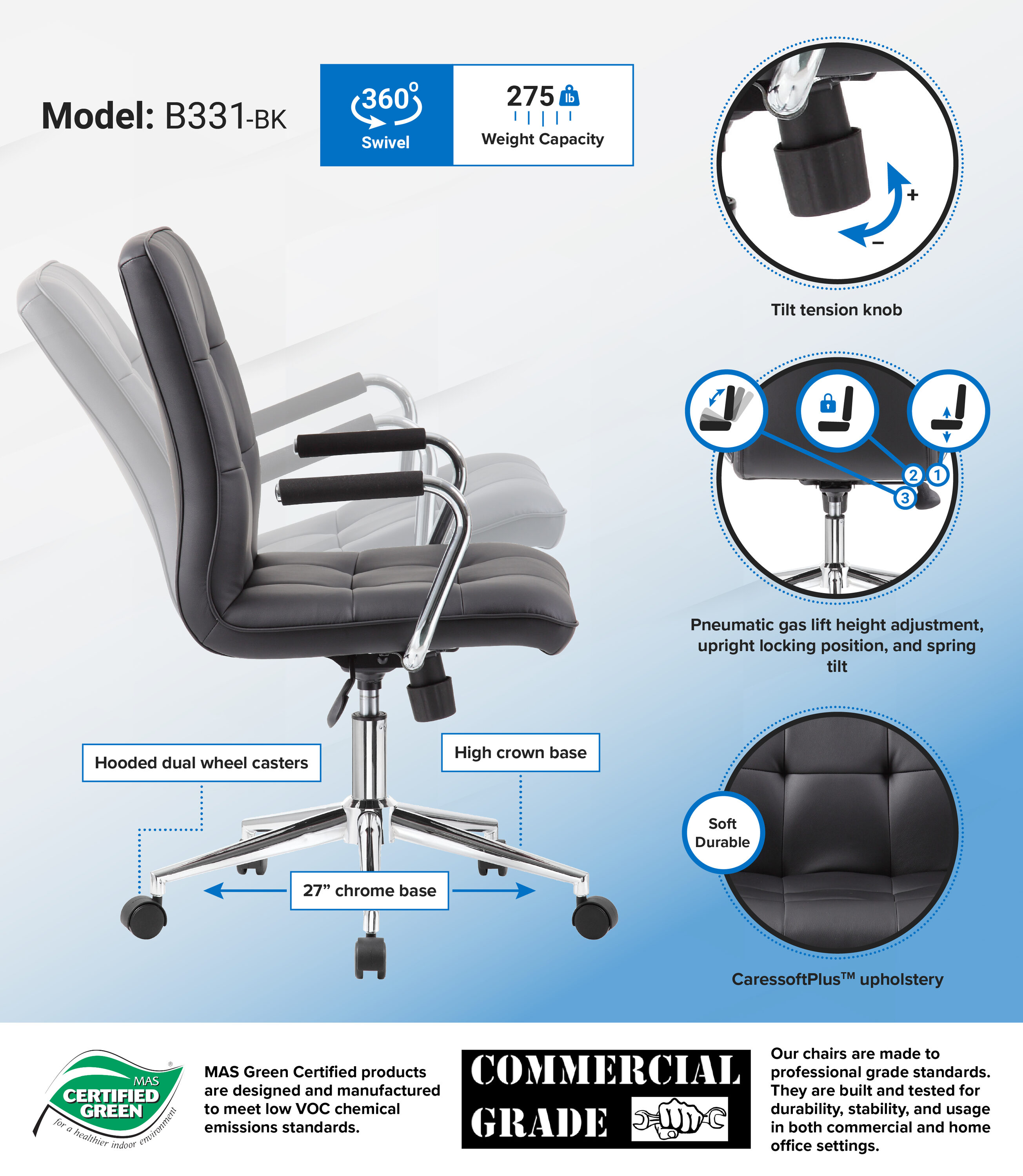 ErgoFlex Black Leather & Metal Swivel Task Chair with Chrome Accents