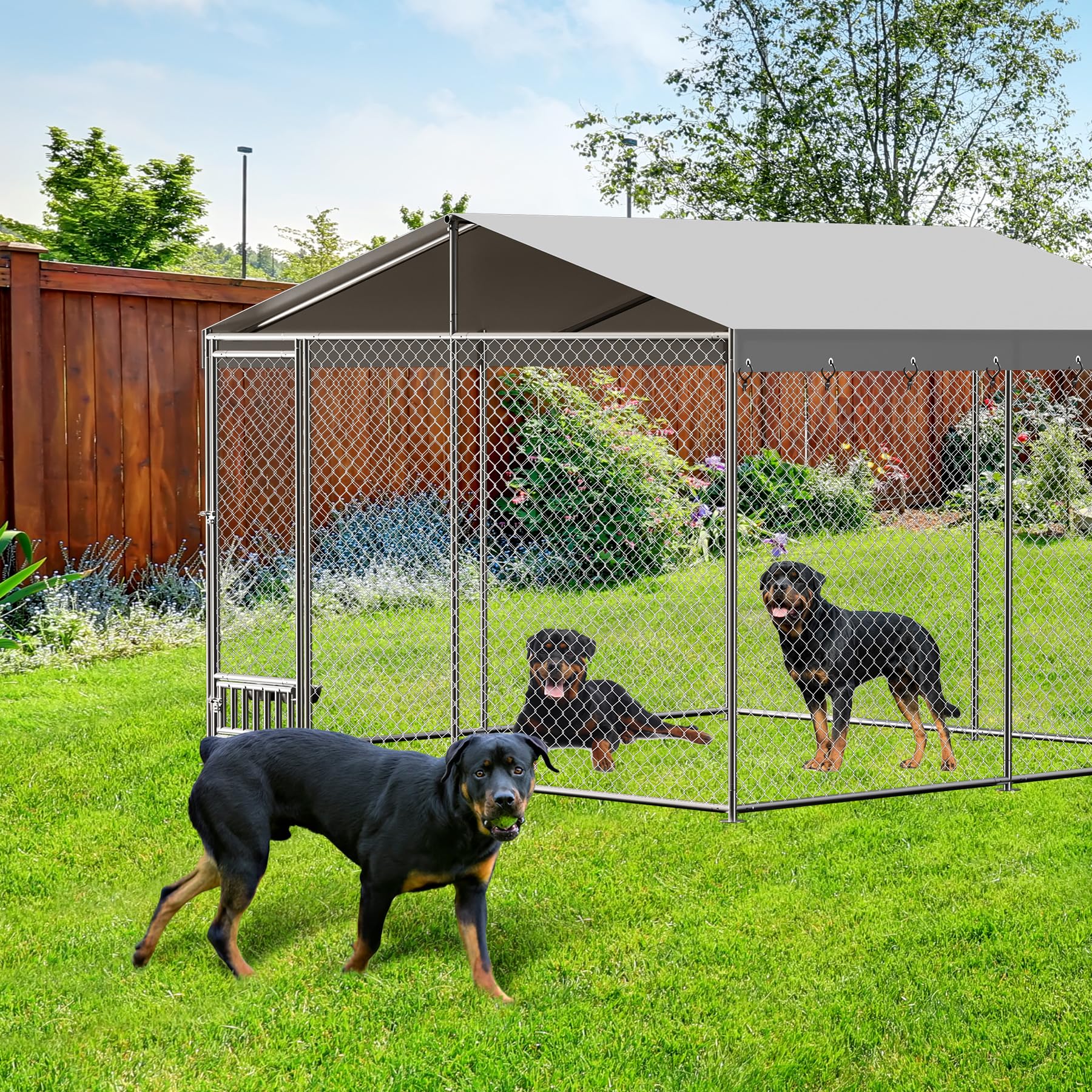 Garvee 10x10 FT Outdoor Dog Kennel Pet Cage with Feeding Device Metal Ties Waterproof Roof Walk-in Multifunctional Pet House