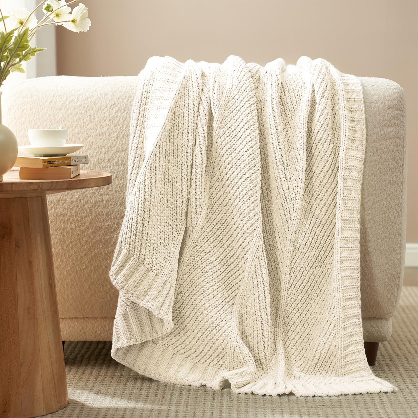 Yichuhaoxi  Soft Chenille Knit Throw Blanket Lightweight Breathable Chevron Pattern Decorative Cozy Blanket for Couch Bed Sofa Ivory Fifty by