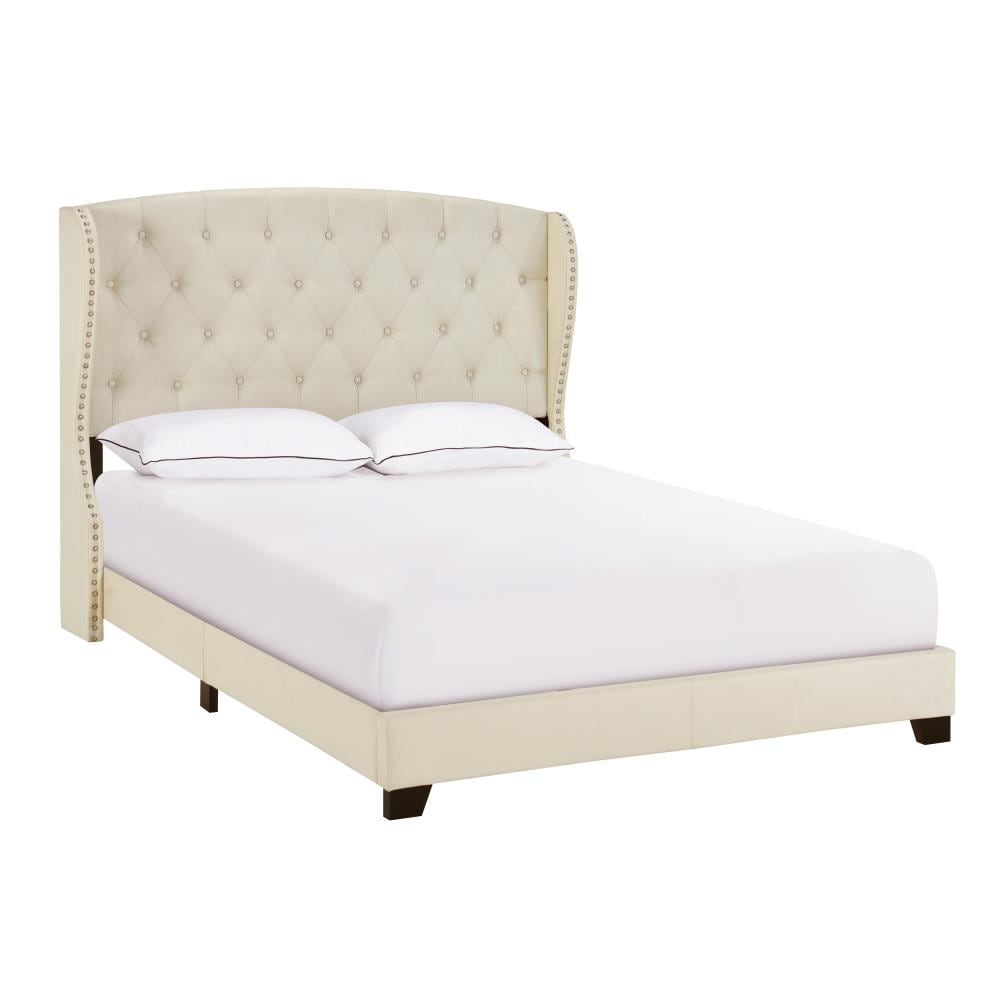 HomeFare Queen tufted wing bed in linen Cream Queen Upholstered Bed in ...