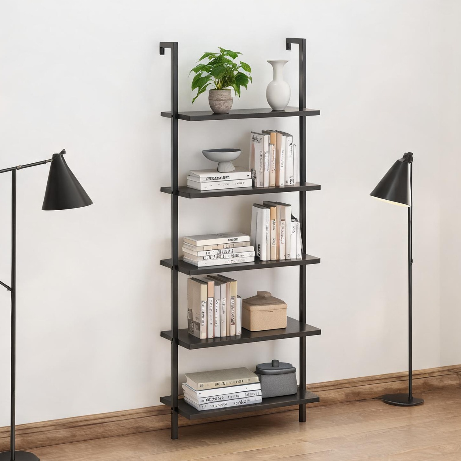 sunjurt MDF and Metal Wall-Mount Bookshelf with 5 Open Shelves Black-Toned 70.87 in