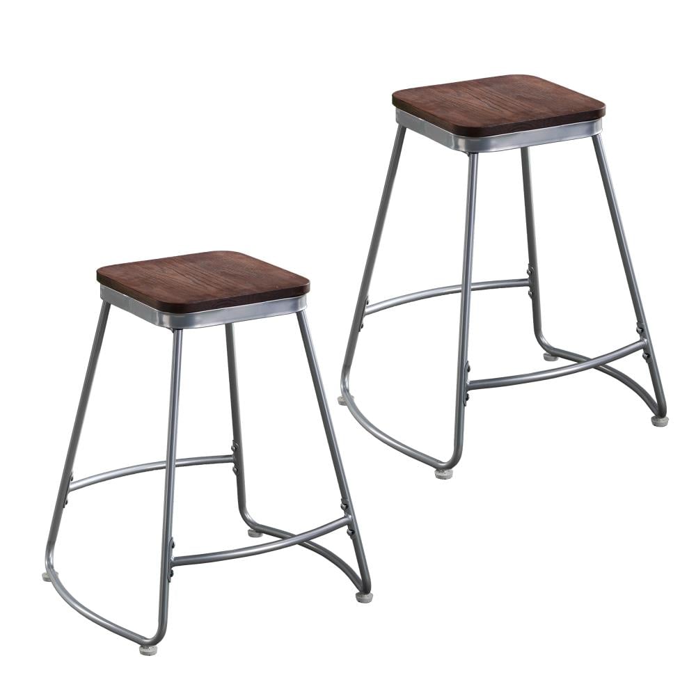 Boston Loft Furnishings ATG2392BC Codia 2 -Set Matte silver and dark distressed pine 24.5-Inches H Counter height Metal Bar Stool
