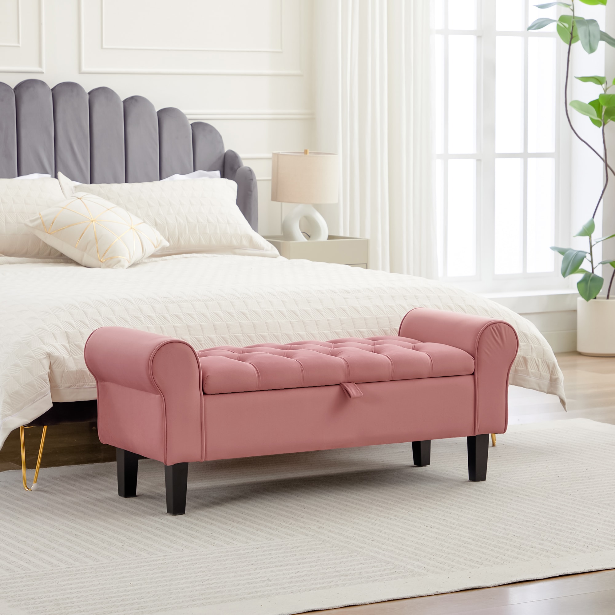 JEAREY JE-27-DB-2 Storage Bench for Bedroom End of Bed Glam Pink Velvet Storage Ottoman