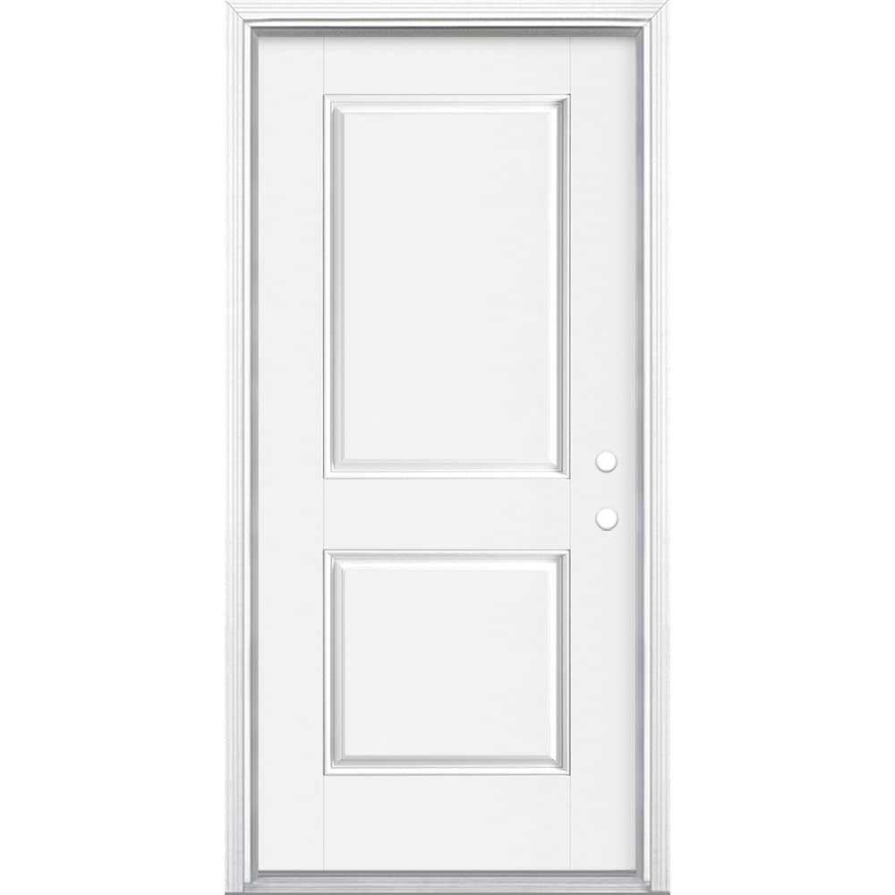 Masonite 1218141 36-in x 80-in x 4-9/16-in Fiberglass No glass Left-hand inswing Modern white Painted Prehung Front Door with Brickmould Insulating core