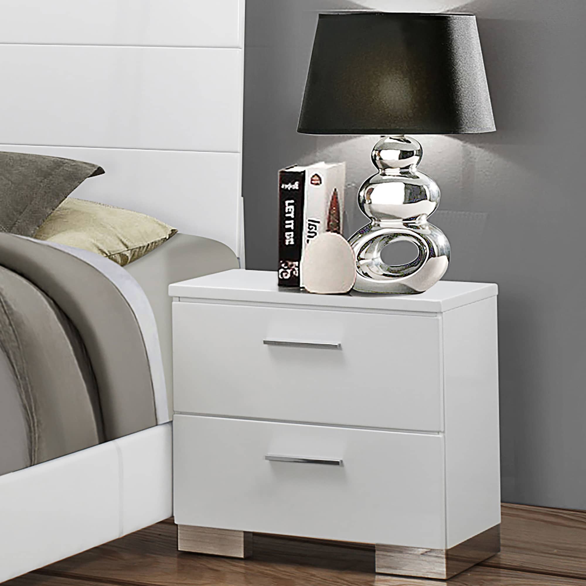Blisstyle Dulcey White High Gloss 2 Drawer Nightstand Modern Farmhouse ...
