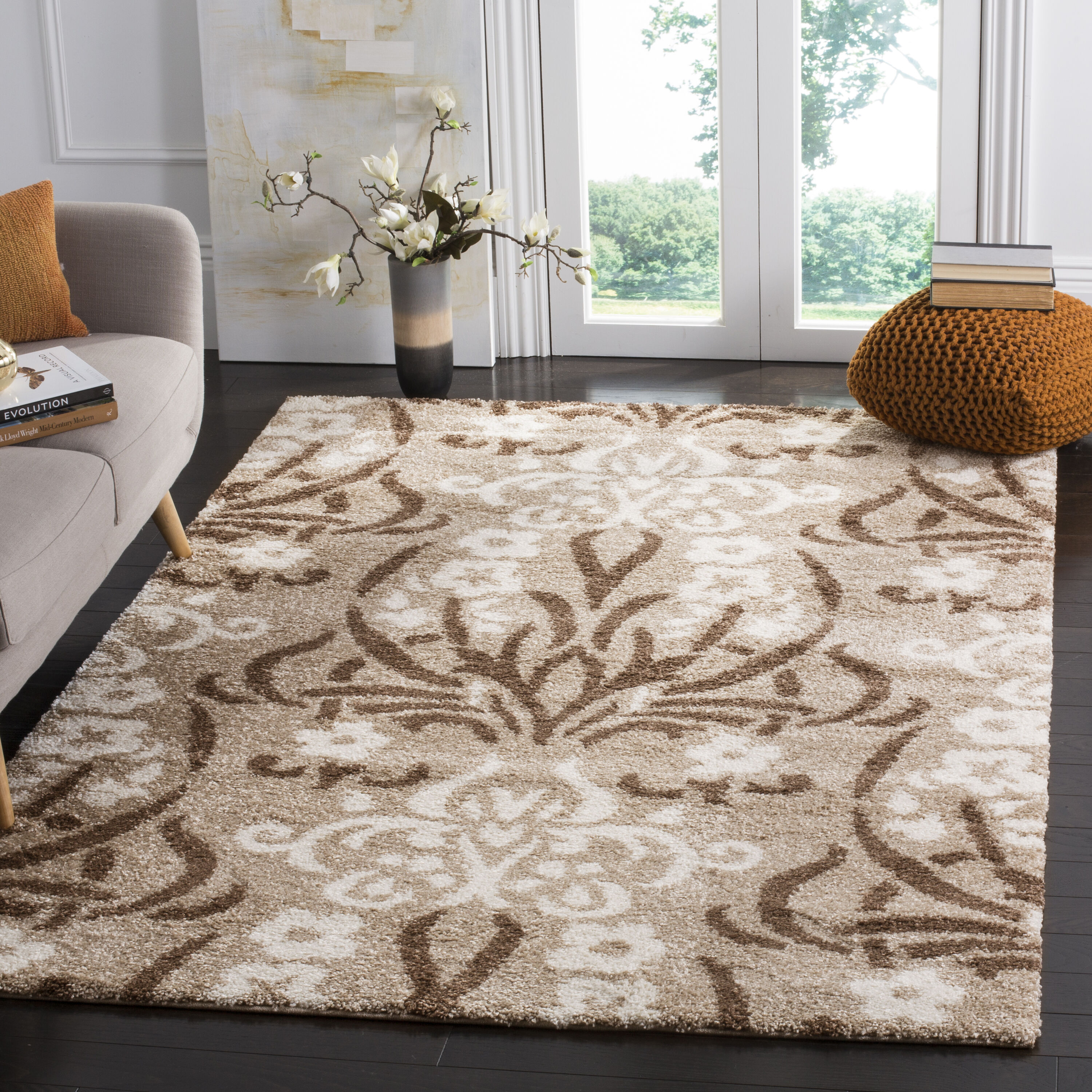 Safavieh SG457-1311-3 Roxy Shag 3 x 5 (ft) Loomed Polypropylene Beige/Cream Rectangular Indoor Damask Throw rug