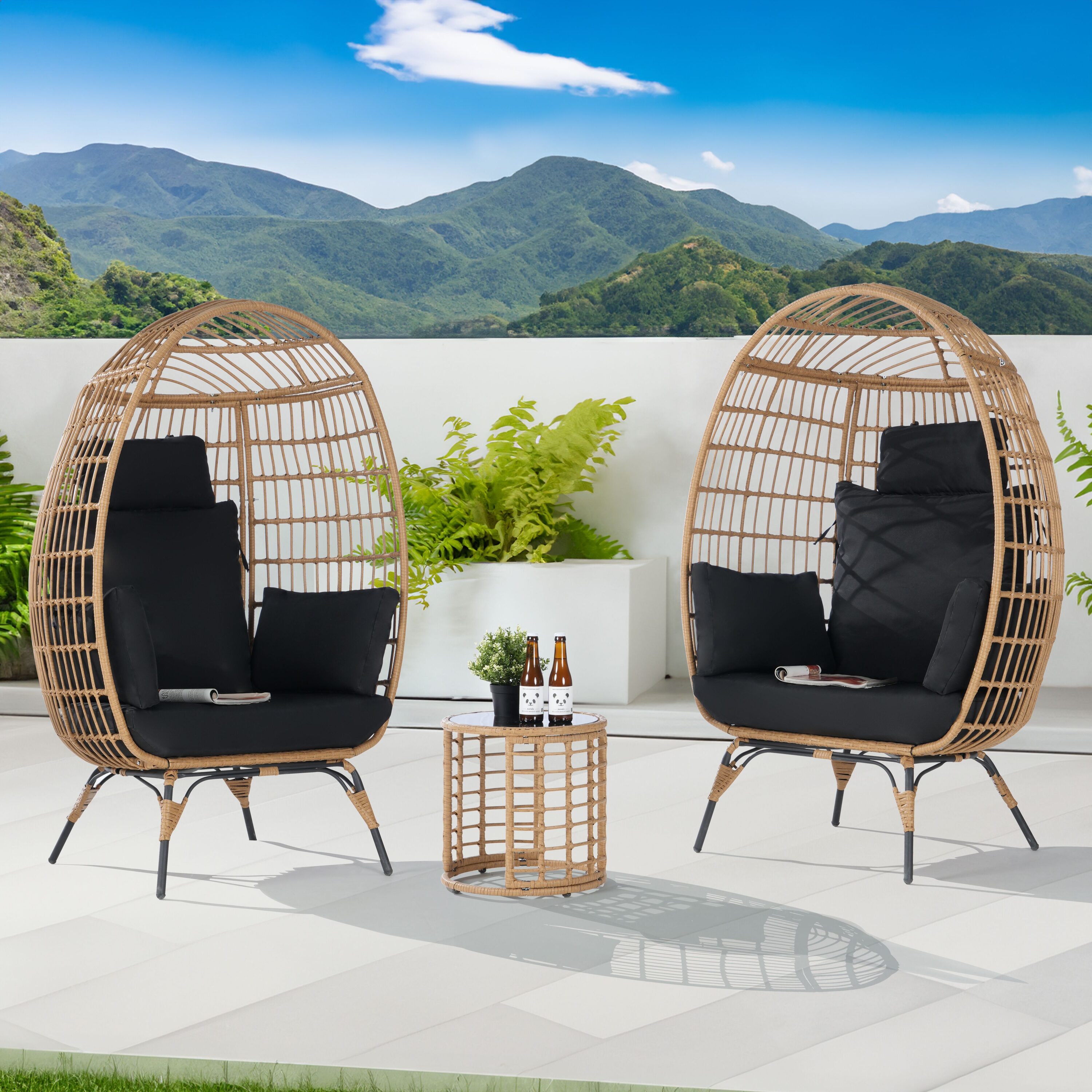 SANSTAR L-JDC65NY-3P 3 -Piece Wicker Patio Conversation Set with Black Cushions