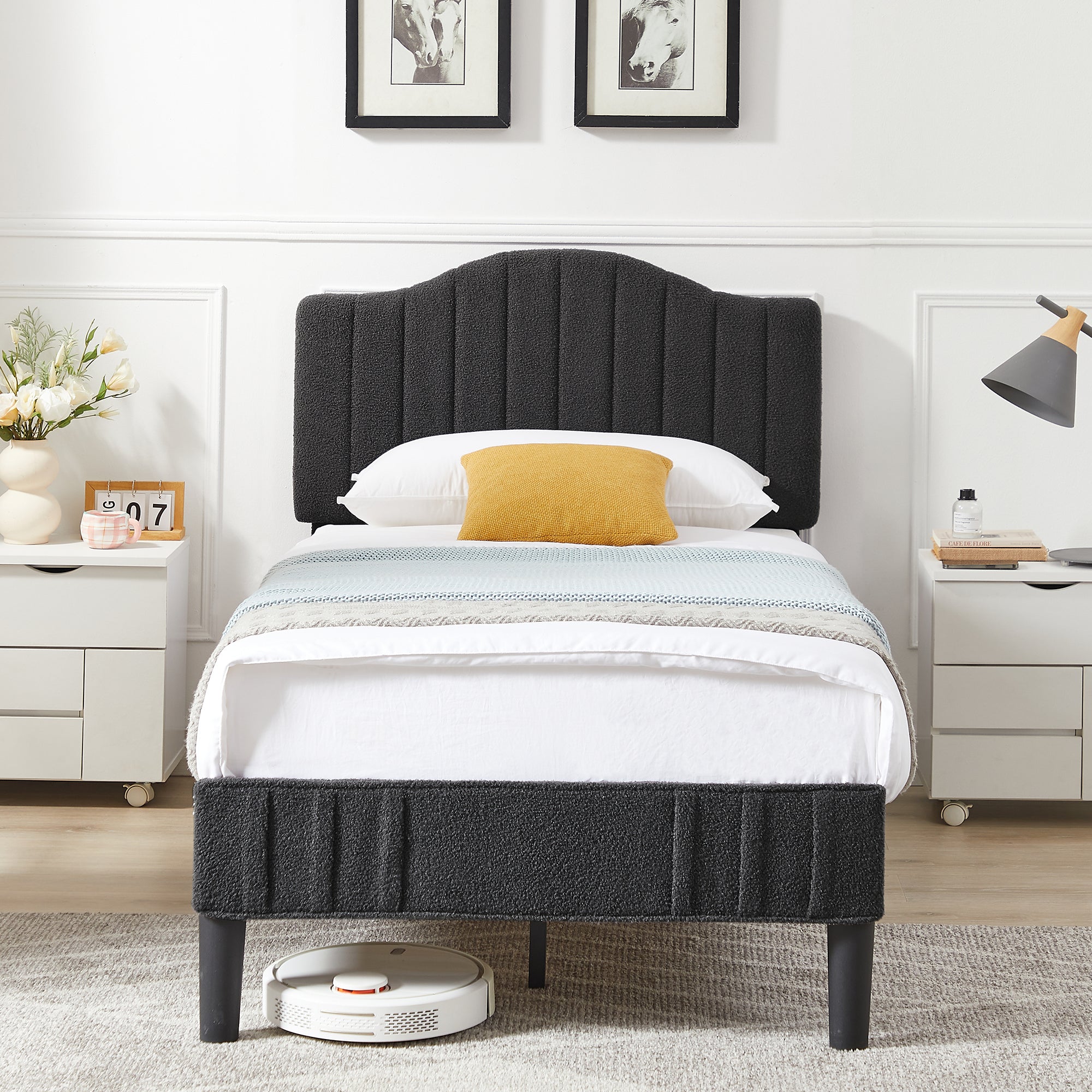 Vecelo LOE-TB08-DGRY Twin Bed Frame Upholstered Platform Bed Frame with Height Adjustable Headboard Under Bed Space Noise Free Dark Gray
