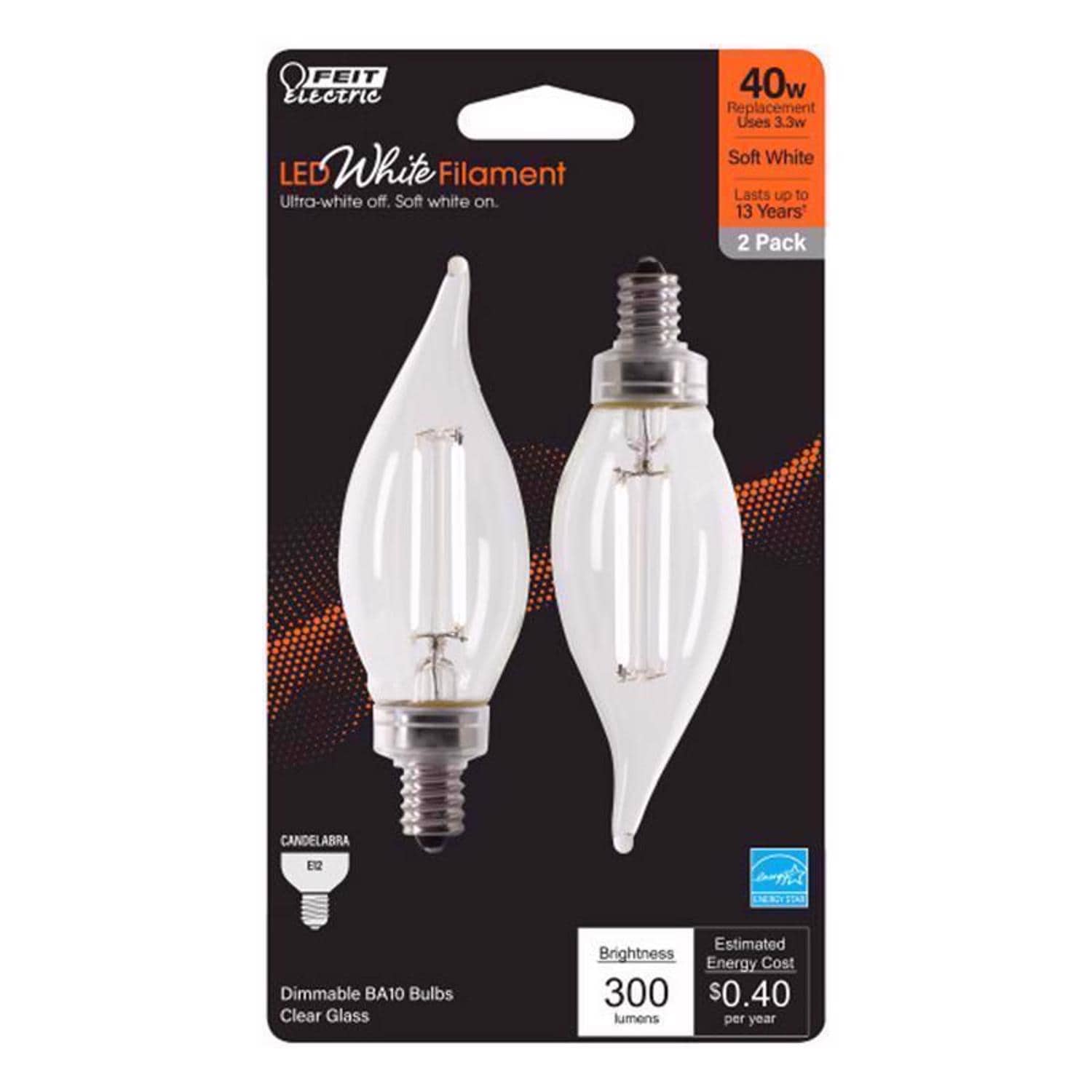 Feit Electric EJD3013986 White BA10 E12 Candelabra Filament LED Bulb Soft White 40 Watt Equivalence 2 pk