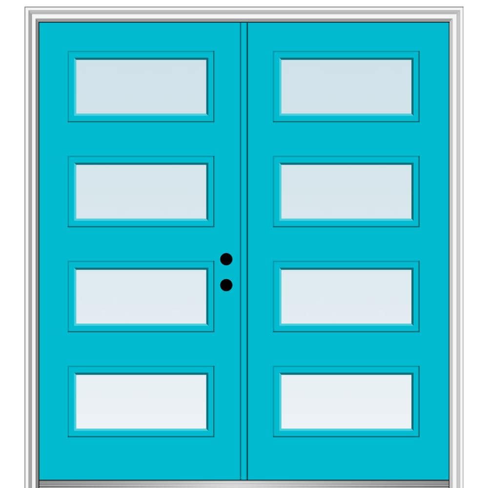MMI DOOR ZZ348241L Spotlights 72-in x 80-in x 6-9/16-in Fiberglass Pulse lite Left-hand inswing Bahama Blue Painted Prehung Double Front Door with Brickmould Insulating core