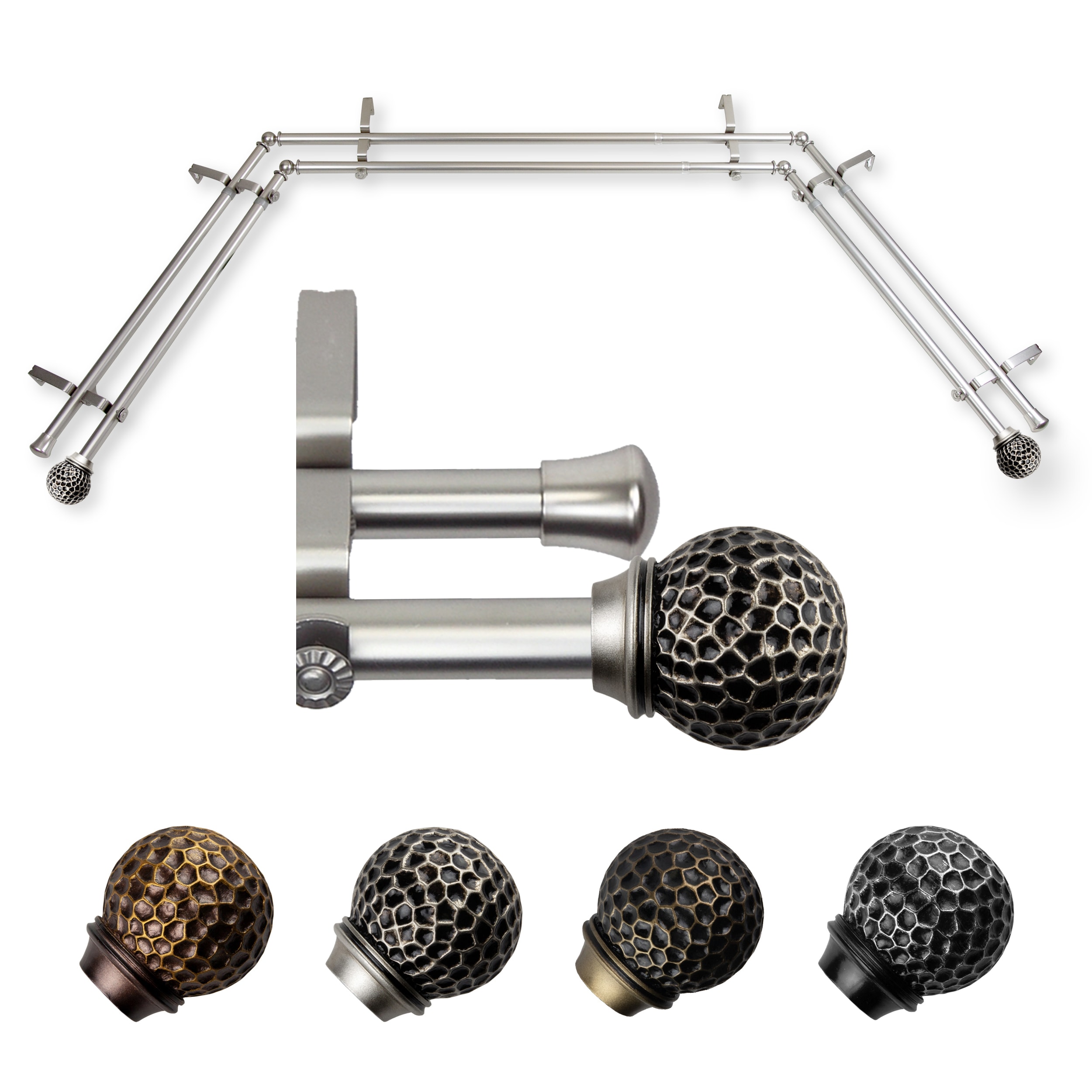 Hart & Harlow L-ABAY-85-5D Colin 13/16-in Double 38-in to 72-in Satin nickel Steel Bay window curtain rod with Finials