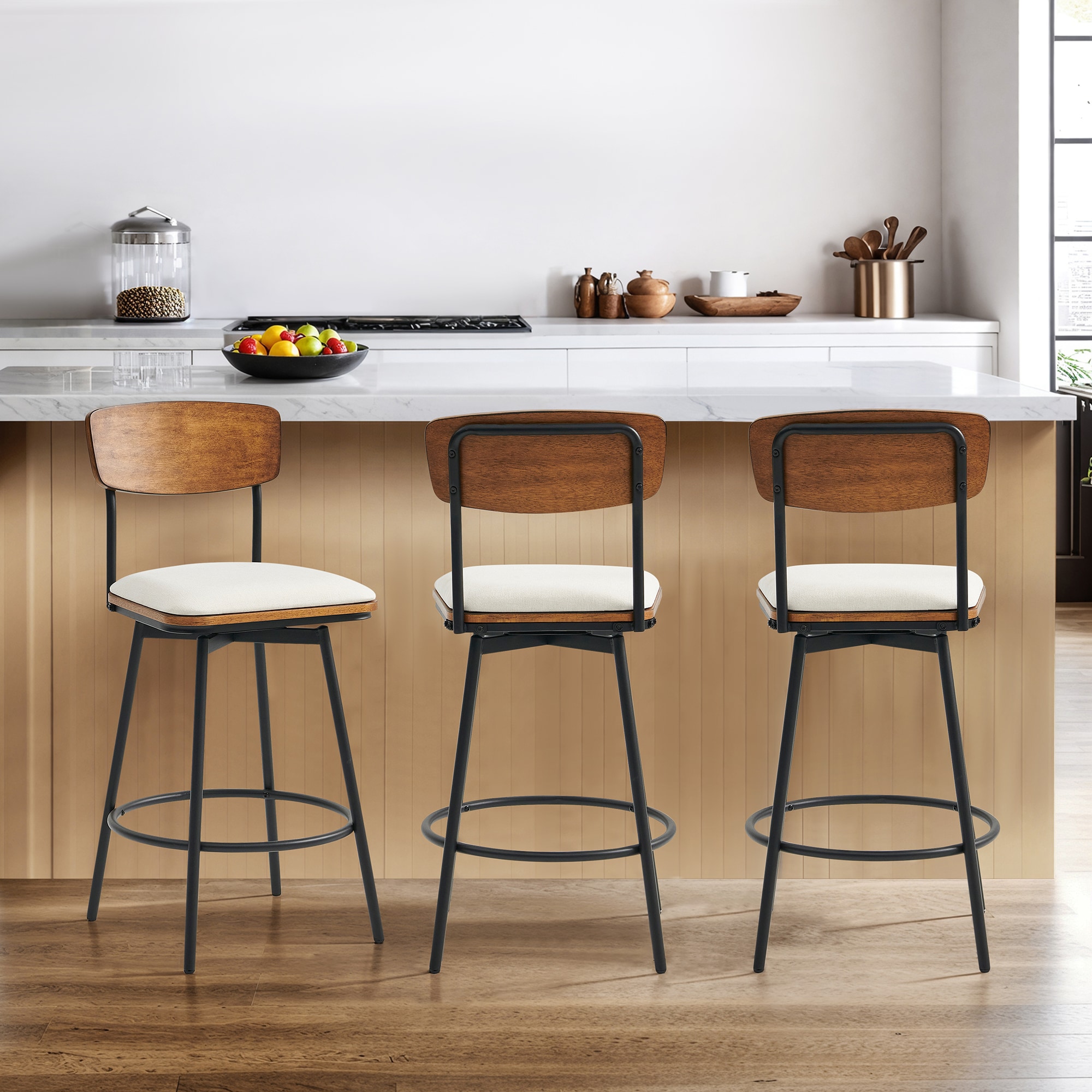 Circle 55 3-LWSY2007-B-20315 Cream White 27-in H Counter height Upholstered Swivel Metal Bar Stool 3 -Pack