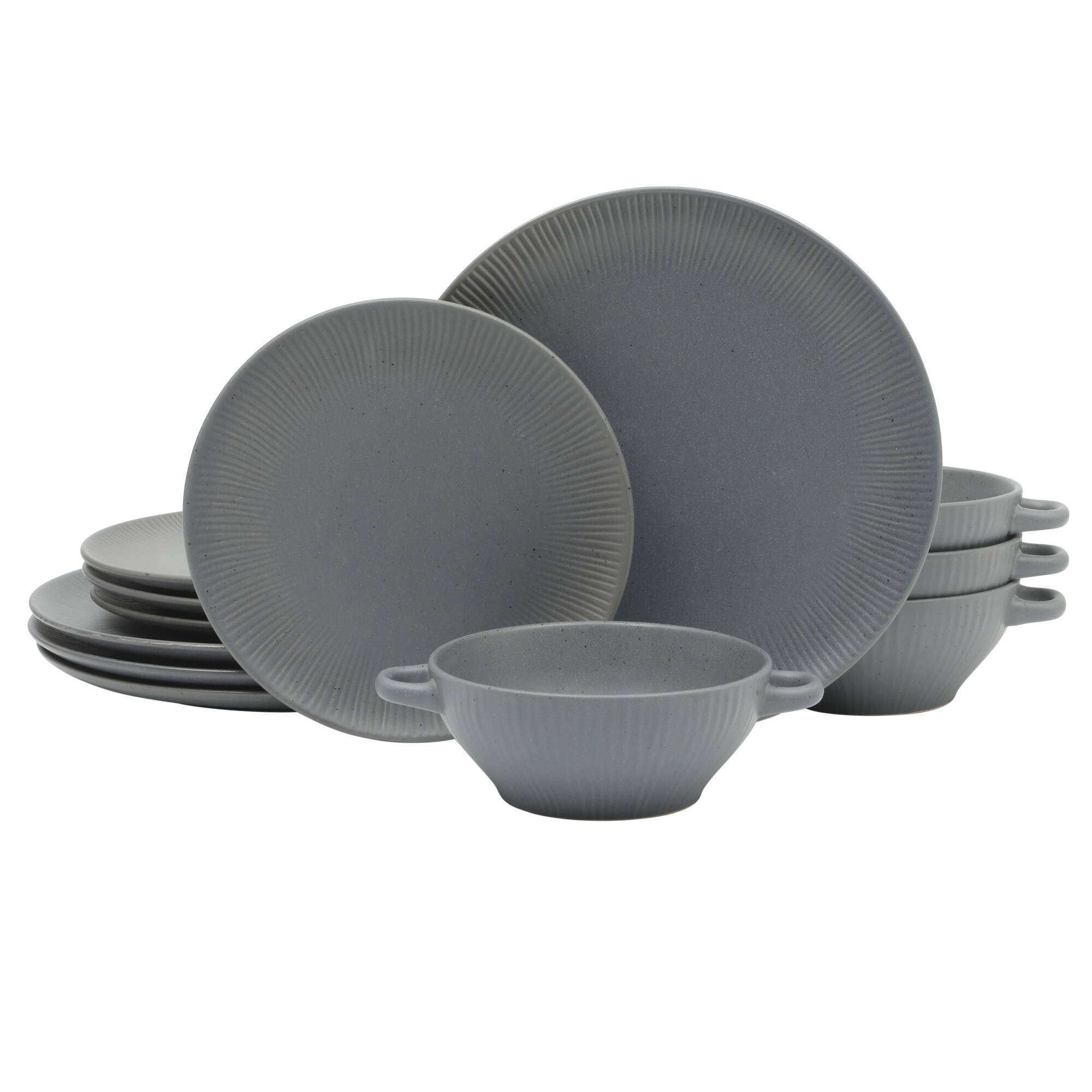 Gibson Elite 149686.12R Clover Hill 12-Piece Stoneware Dinnerware Set Dark Blue Embossed Plates and Bowls with Matte Speckled Reactive Glaze - Service for 4 - Microwave and Dishwasher Safe