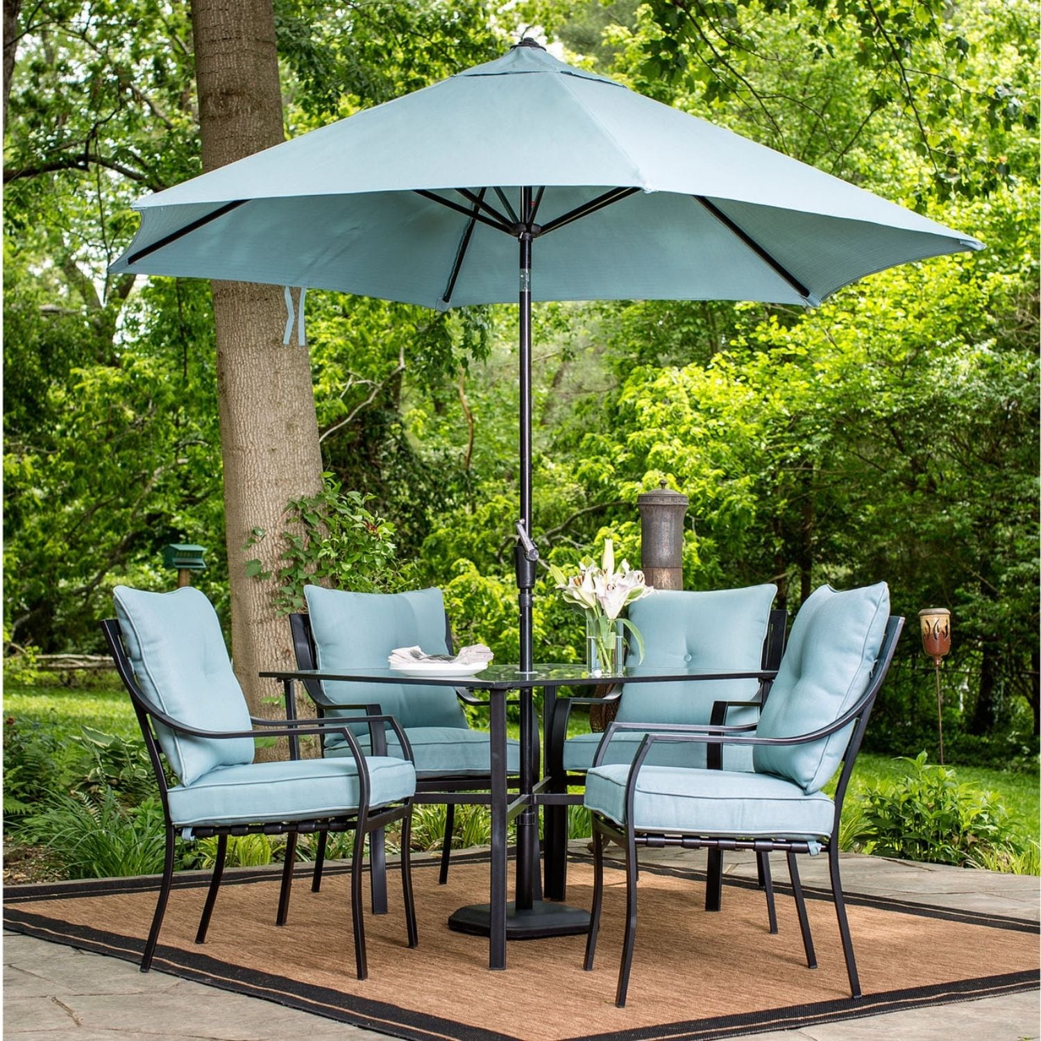 Hanover LAVDN5PC-BLU-SU Lavallette 6 -Piece Black Patio Dining Set Steel Square Table with 4 Blue Cushions Stationary Chairs and Umbrella Included