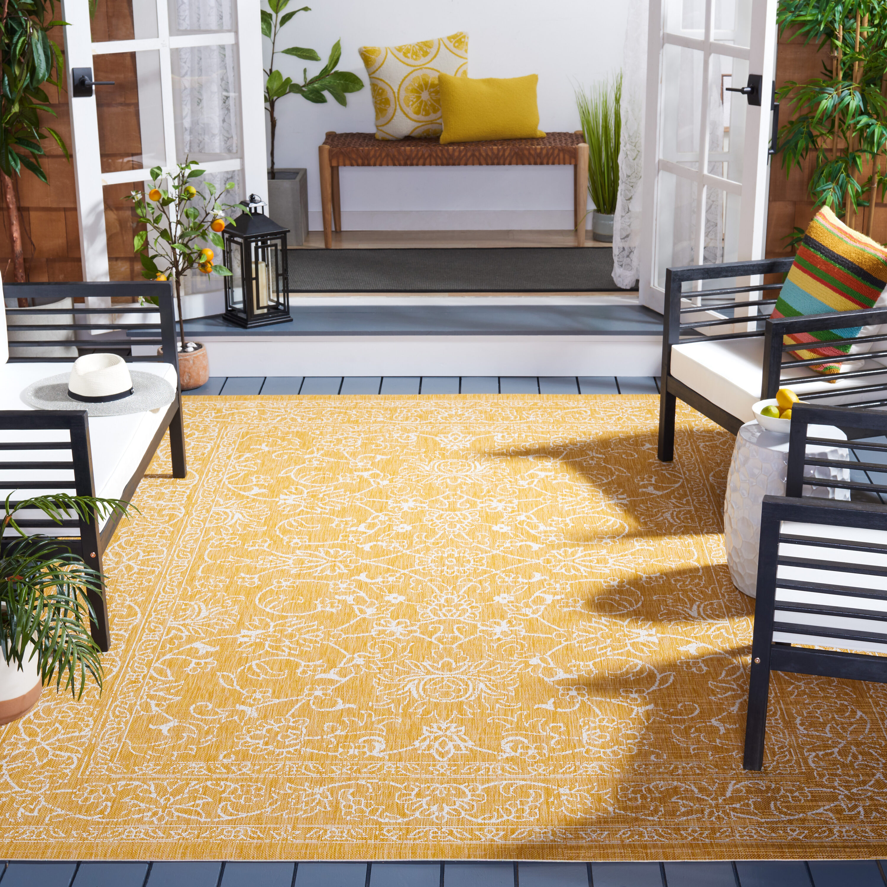 Safavieh CY8680-56021-9 Courtyard 9 x 12 (ft) Loomed Synthetic Gold/Ivory Rectangular Indoor/Outdoor Floral Tropical Area rug