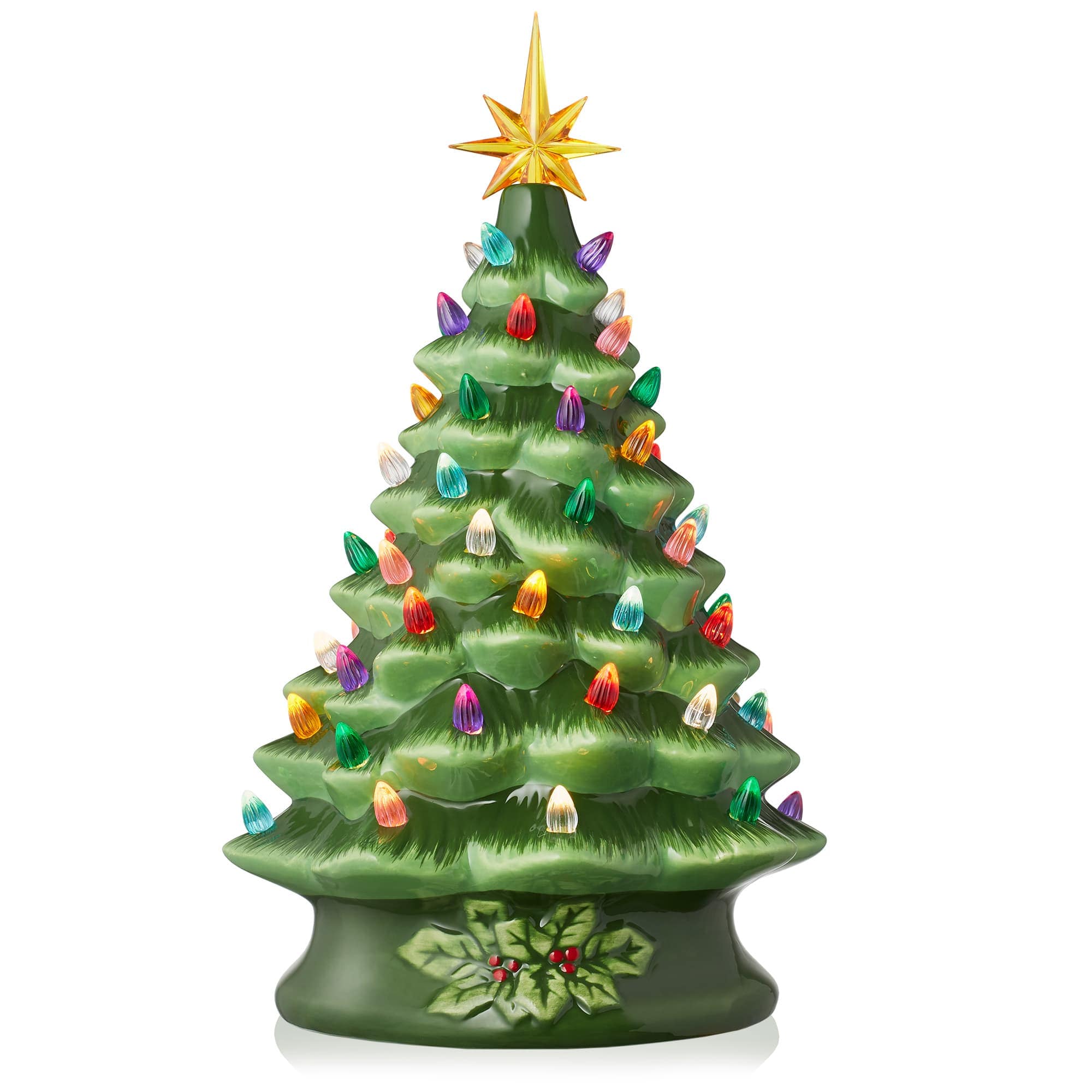 Casafield SZN-TR-915-GRN 15-in Hand Painted Ceramic Christmas Tree - Green Pre-Lit Tree w/ Star