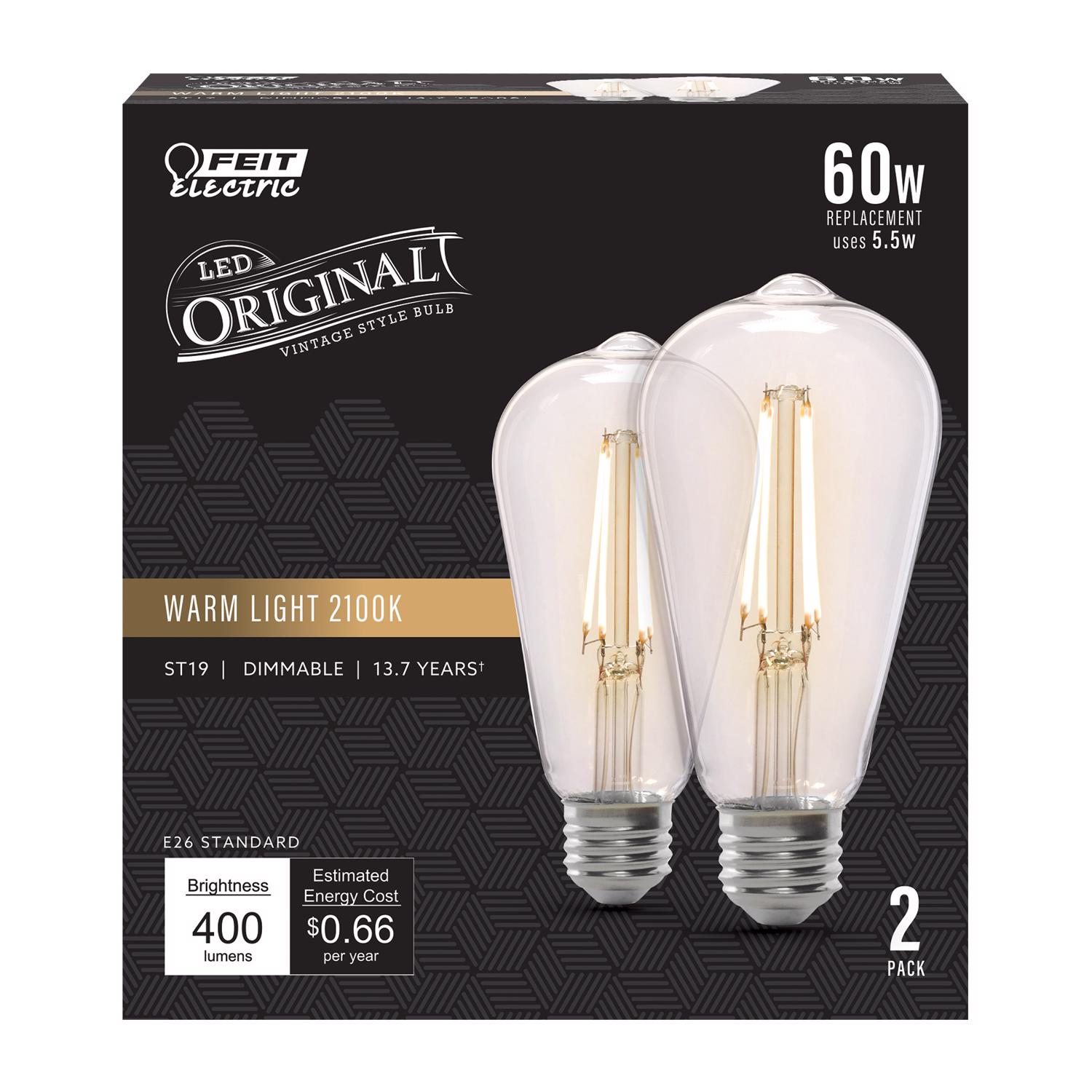 Feit Electric EJD3018720 ST19 E26 Medium Filament LED Bulb Warm Candle Light 60 Watt Equivalence 2 pk