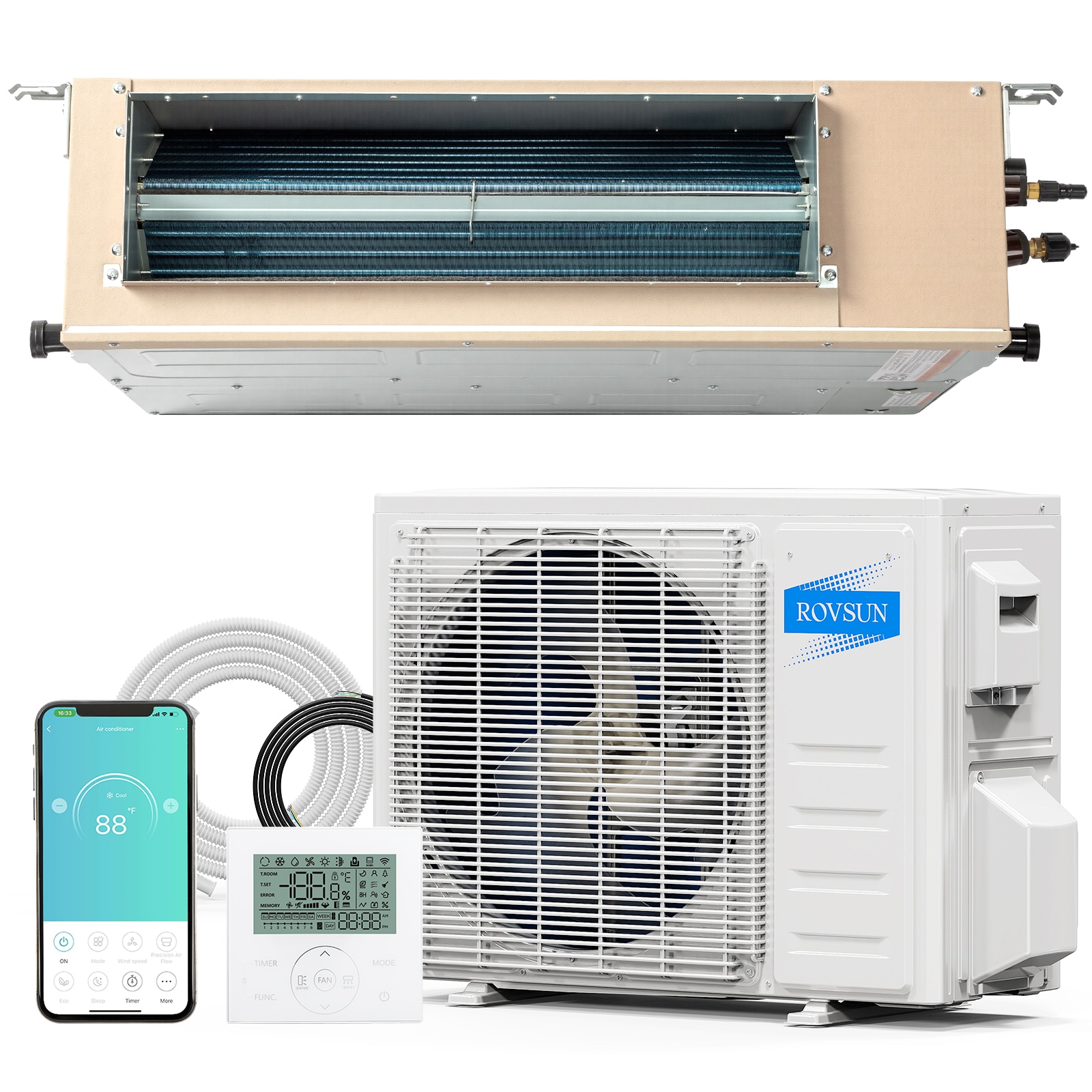 ROVSUN 9500 BTU 24 SEER2 230V Smart WIFI Ducted Mini Split AC/Heating System with Inverter/Concealed Duct Air Conditioner with Wired Controller