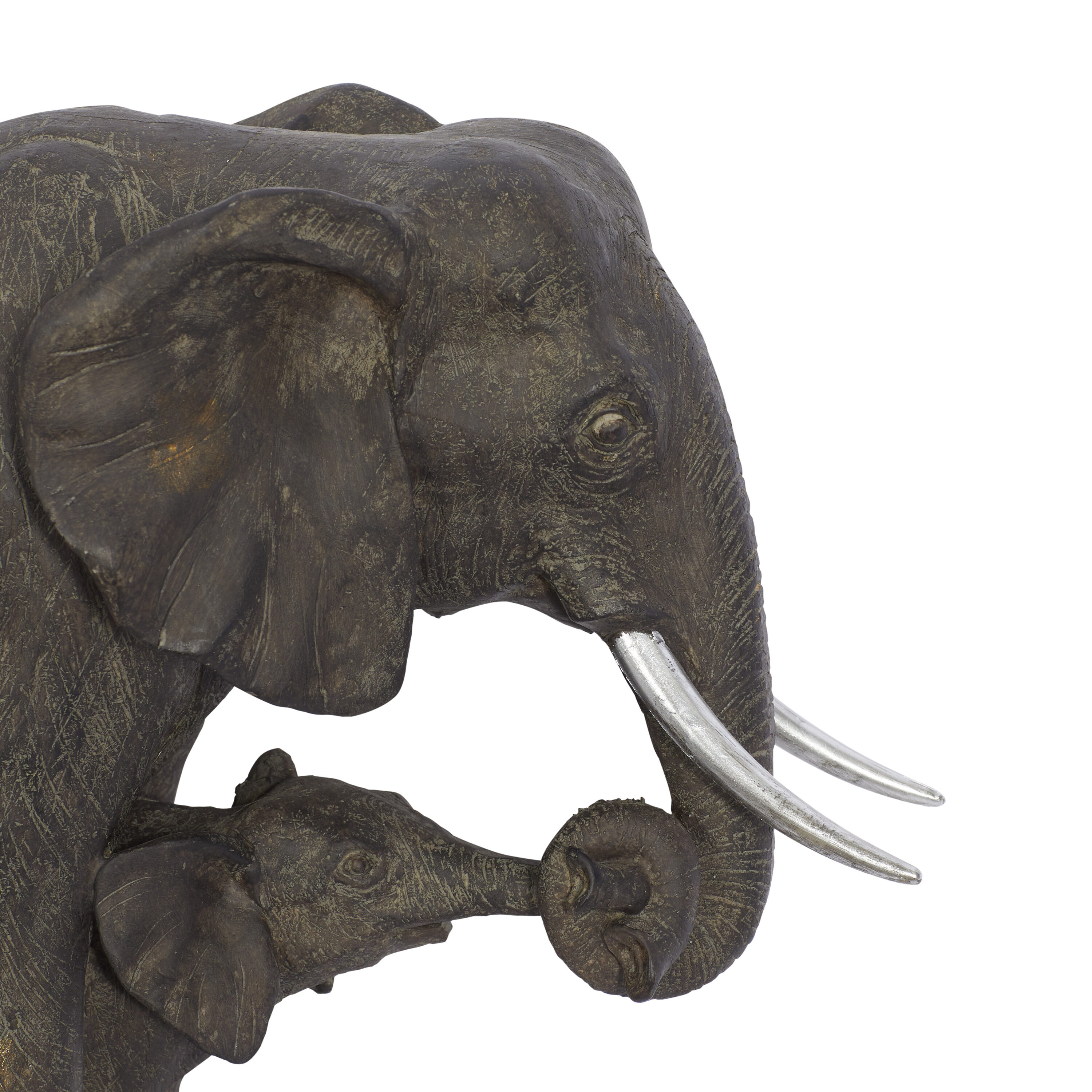Gray Resin Elephant Mother and Calf Sculpture