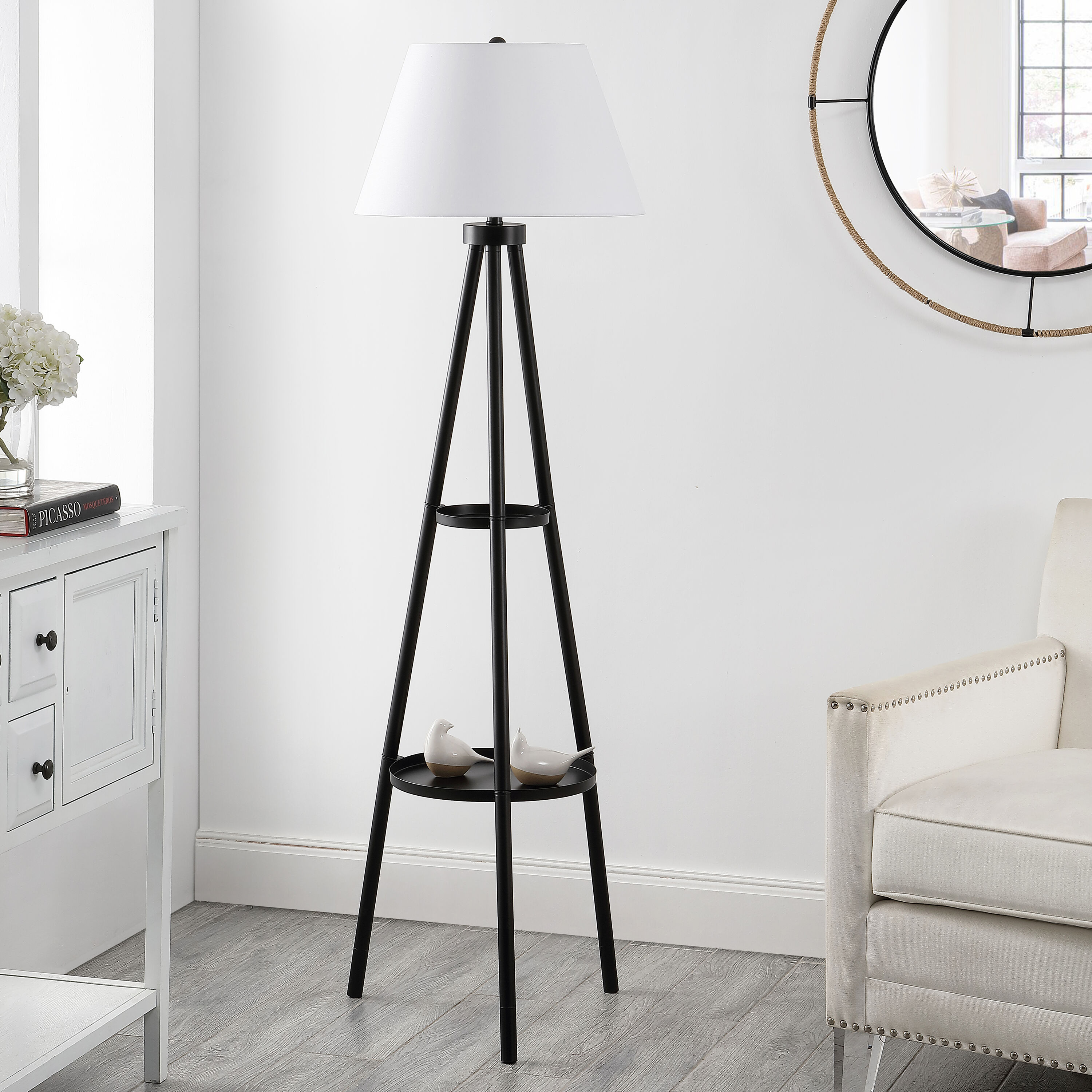 Dorea Black Tripod Floor Lamp with Dual Tray Shelves