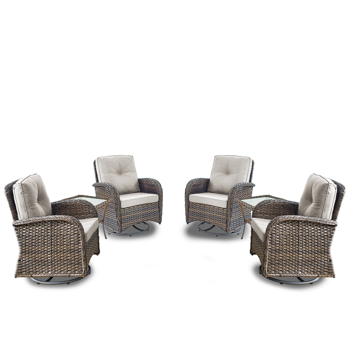 Rilyson FS085X2-2 KEY WEST Set of 4 Wicker Brown Wicker Frame Swivel glider Conversation Chair with Brown Beige Cushioned Seat