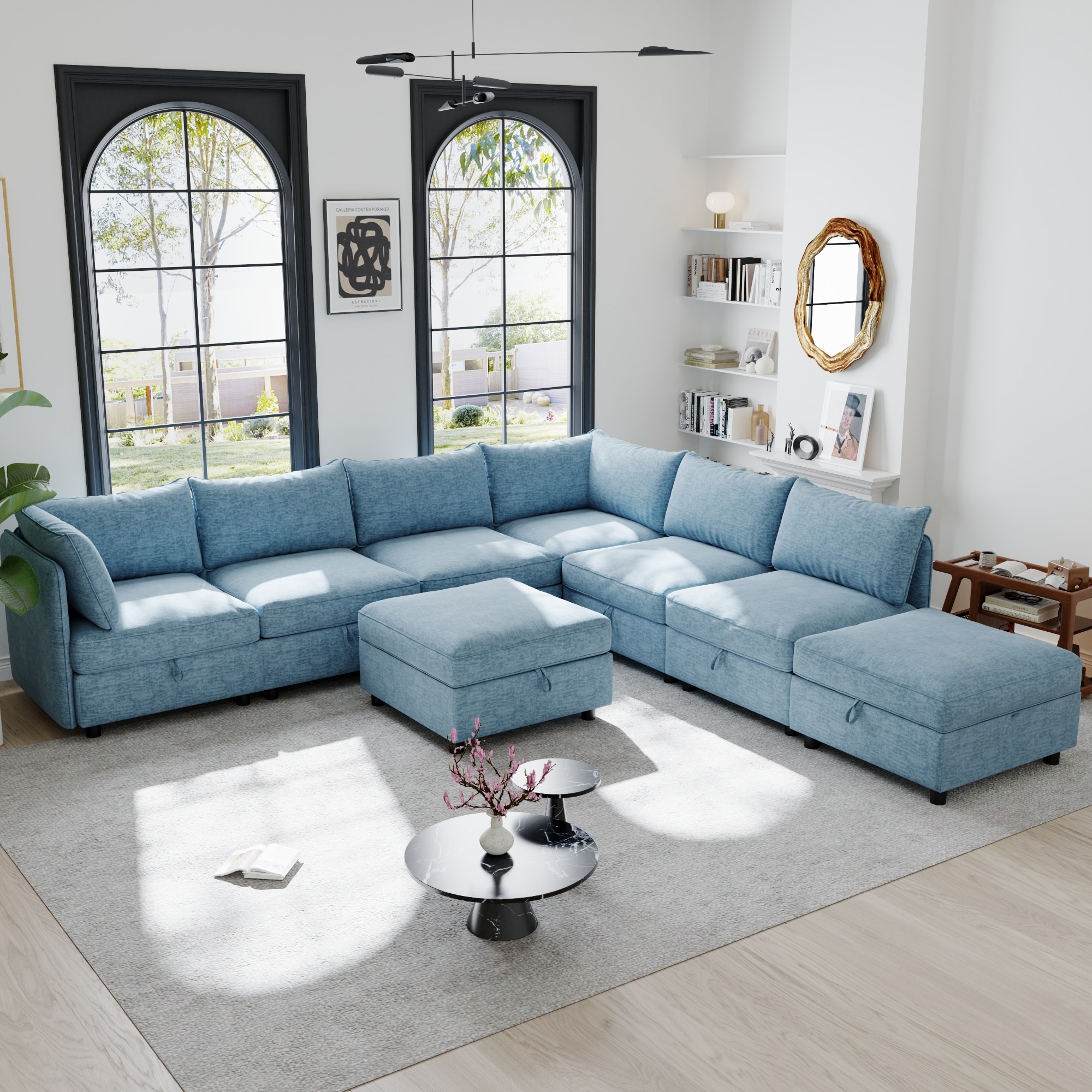 GDFStudio 326371 Reversible Corduroy Sectional with Storage Chaise-Antique Blue