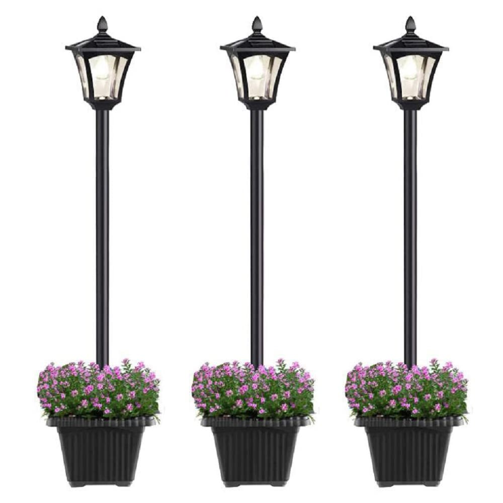 LamQee 06FTL0100BBK-3 Long Post Light Black with Planter/3Pack Solar LED Post light