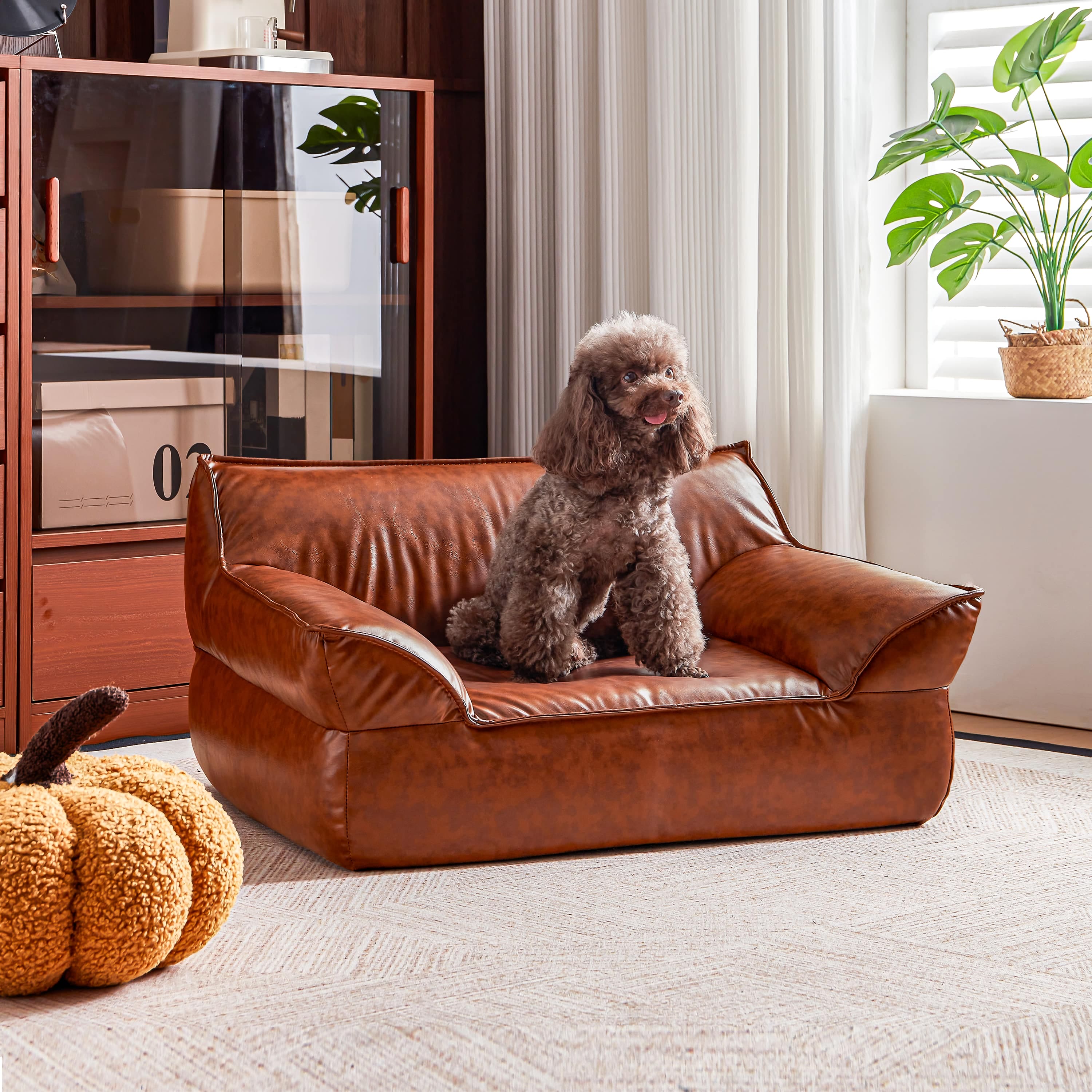 ATJafurn 31.5-in W Furniture Style Brown Leather Dog Sofa Bed for Small Dogs and Cats for Under 50 lbs - Mid-Century Modern Elevated Indoor Luxury Pet Couch