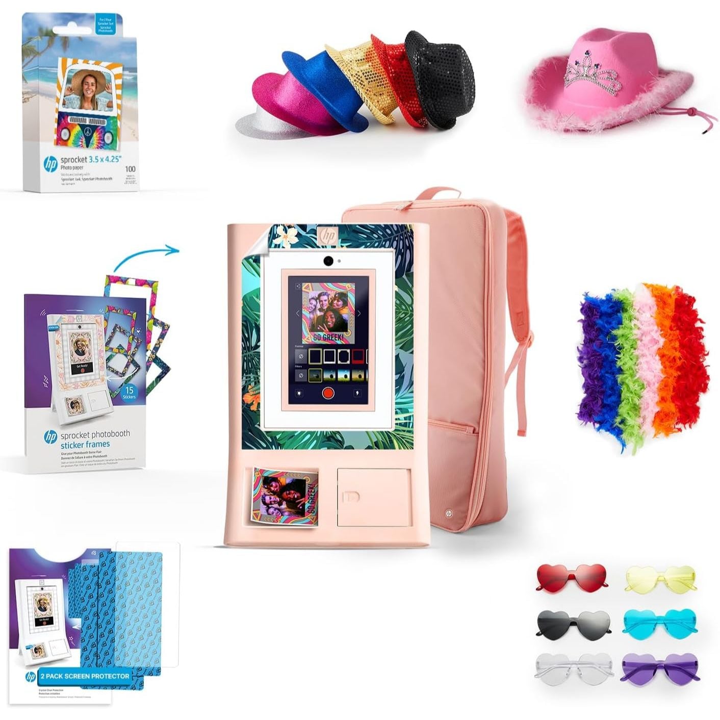 HP Sprocket Photo Booth Printer Kit - Pink - 100 Zink Paper - Case - Hats - Glasses - Props and More