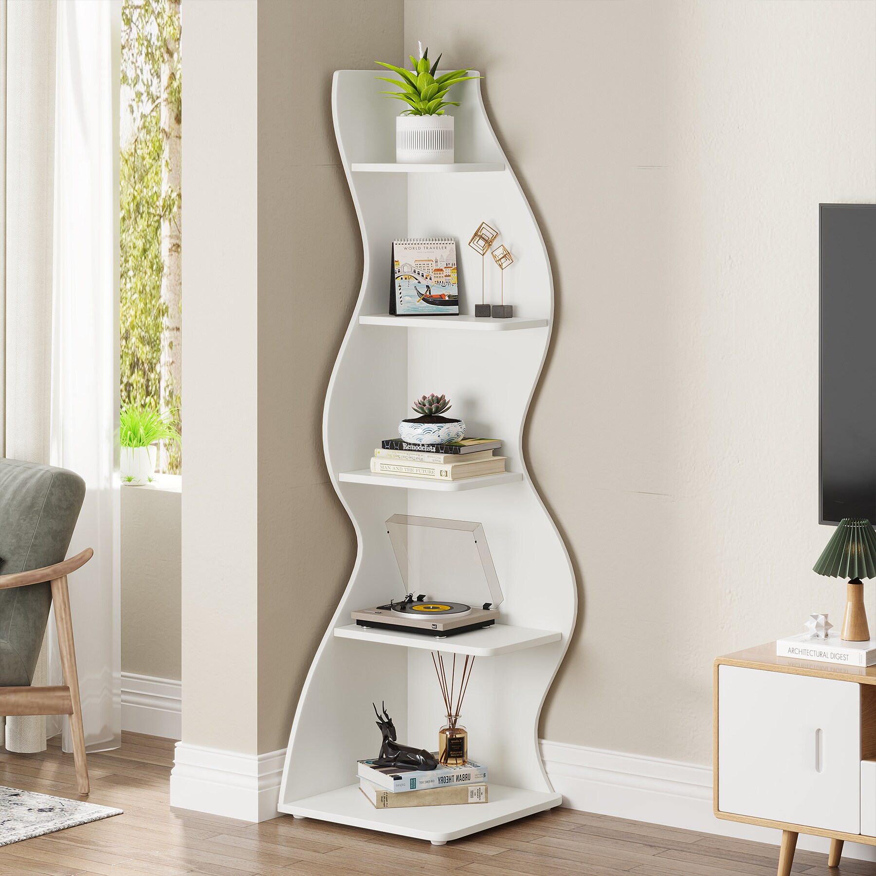 Tribesigns White Particleboard 5-Shelf Corner Bookcase (19.68-in W x 71 ...