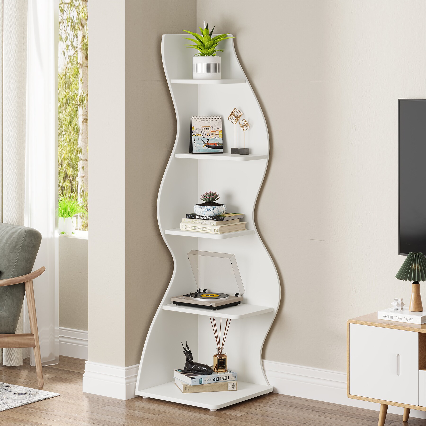 Tribesigns Seagrass-Like Design White MDF 5 -Shelf Corner Bookcase ( 19.68-in W x 71.85-in H x 19.68-in D ) Painted