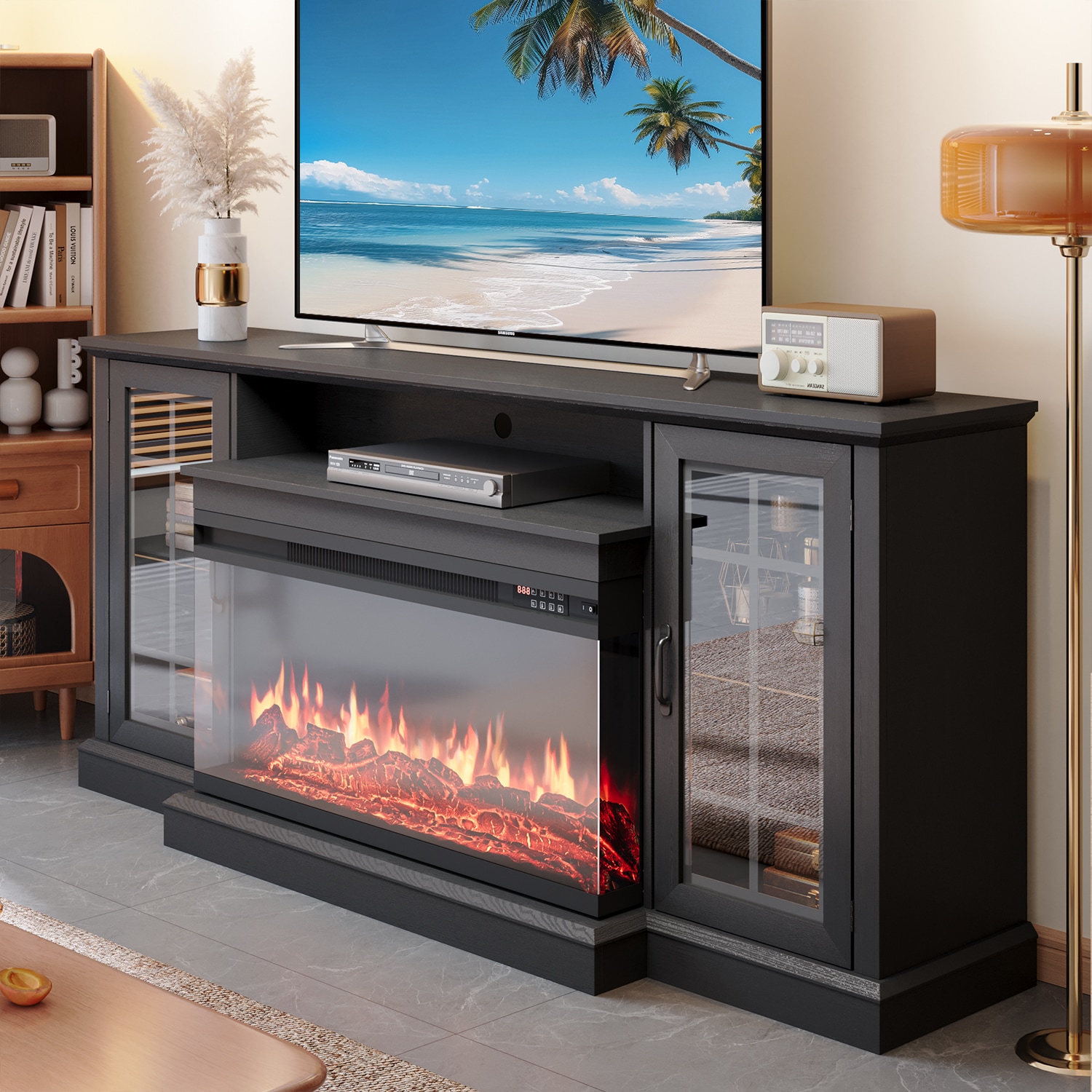 Bapipro TE11A317B 59-in W Black TV Stand with Infrared quartz Flat wall Electric Fireplace with Remote Control Included