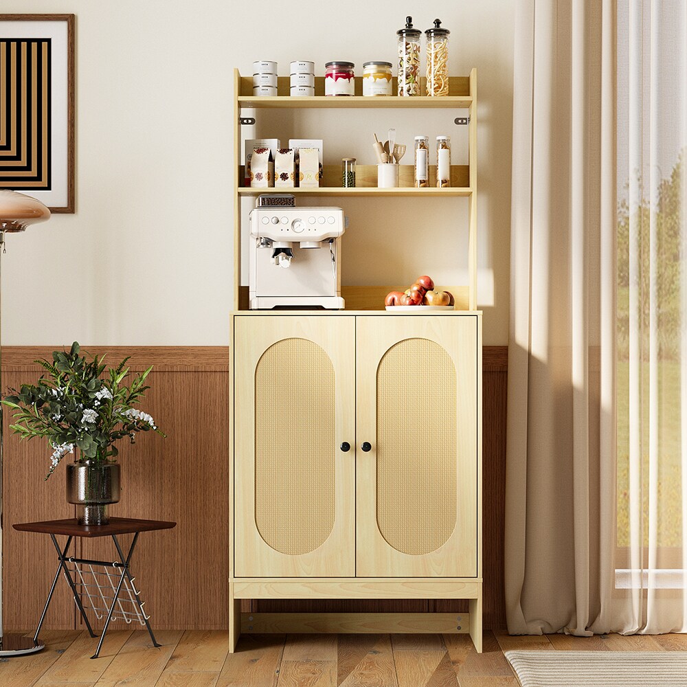 Homsee V-KF520036-01 Modern Rattan Sideboard Cabinet with Open Shelf and 2 Compartments in West African Maple Finish