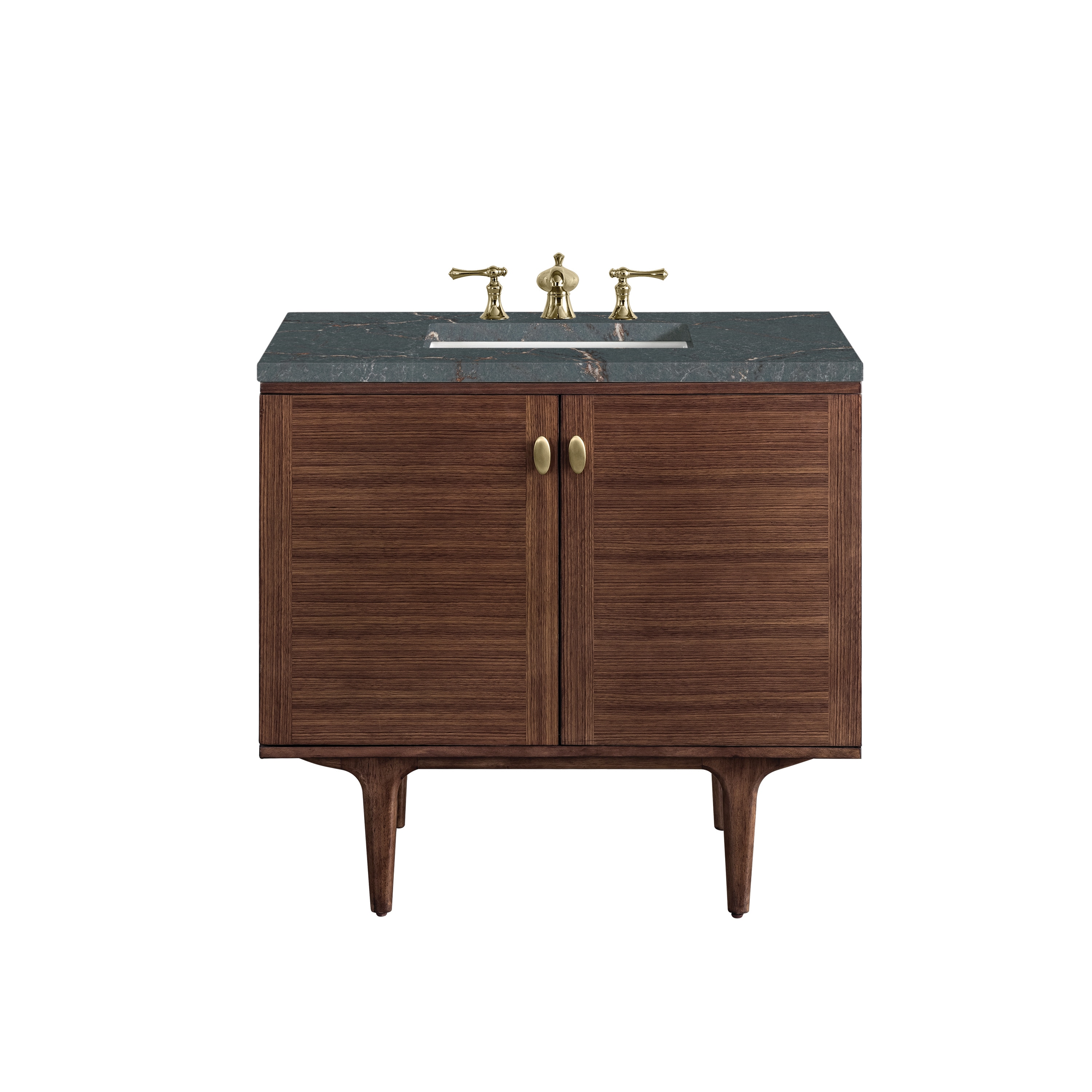 James Martin Vanities 670-V36-WLT-3PBL Amberly 36-in Mid-century Walnut Undermount Single Sink Bathroom Vanity with Parisien Bleu Quartz Top