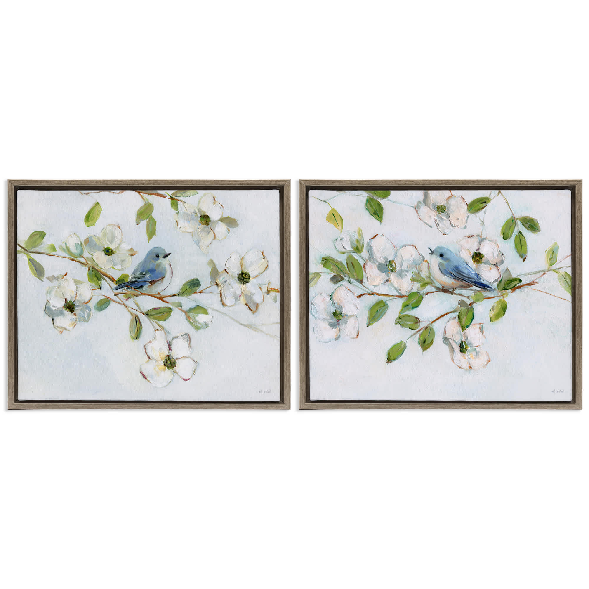 Stupell Industries B2-733-FFE-2PC-16X20 Perched Bluebirds on Branch 2 Piece Brown Framed Floater Canvas Set By Sally Swatland 21 x 17