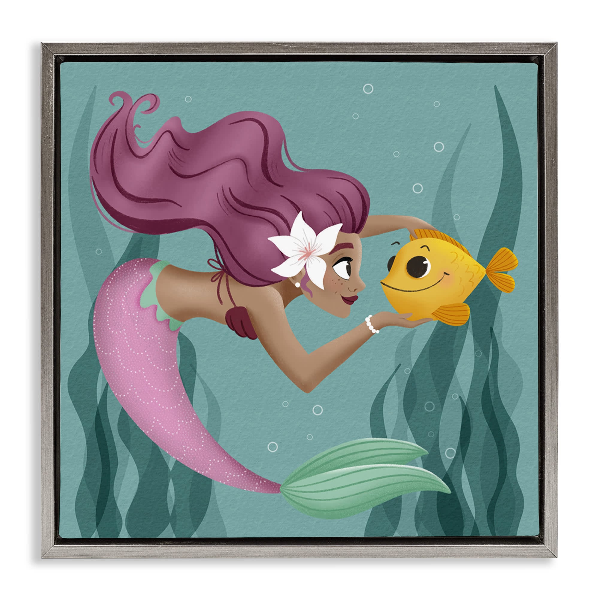 Stupell Industries BT-428-FFL-17X17 Mermaid and Fish Friends Gray Framed Floater Canvas Wall Art By Sarah Hickman 18 x 18