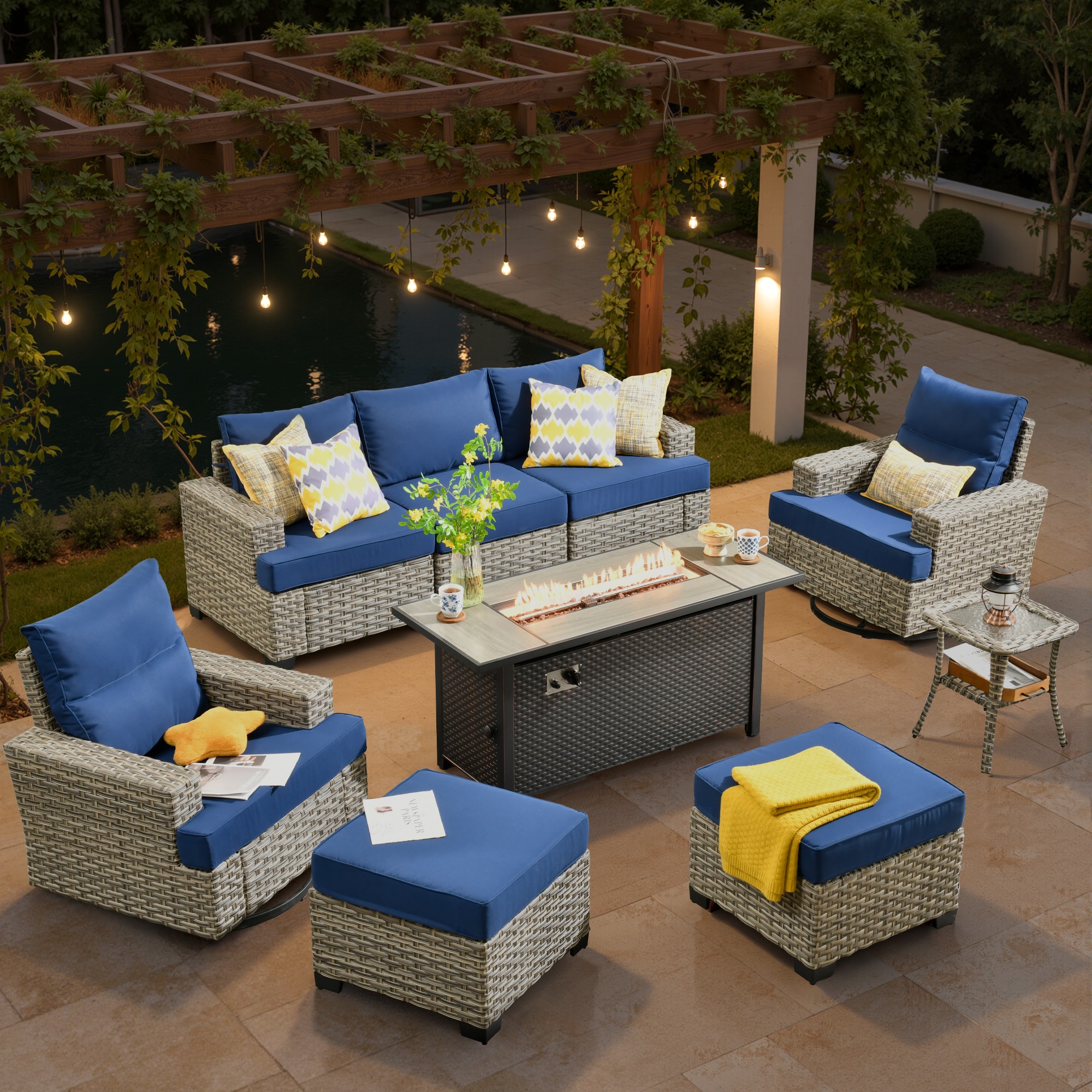 XIZZI XITBS7075-RC3IFP54 Agate 7 -Piece Rattan Patio Sofa Conversation Set with Navy Cushions