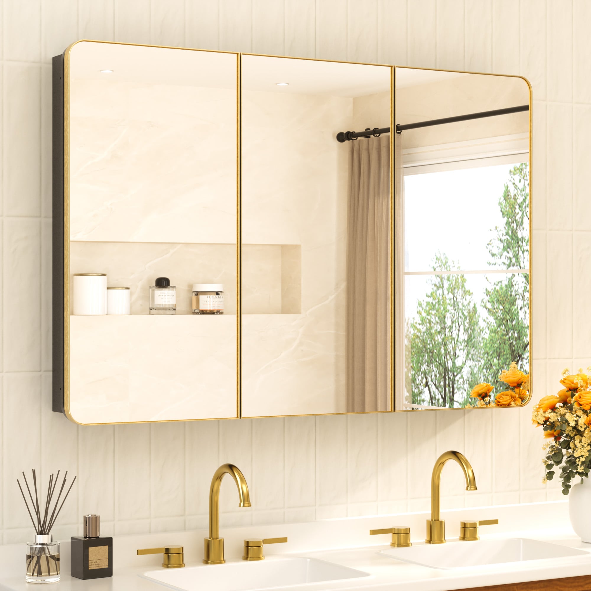 TETOTE - 48-in x 32-in Recessed Mount Gold Framed Mirrored Rectangle Medicine Cabinet