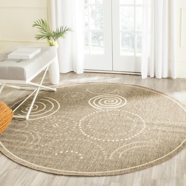 Natural Round Outdoor Abstract Area Rug, Brown Round Rugs For Living Room