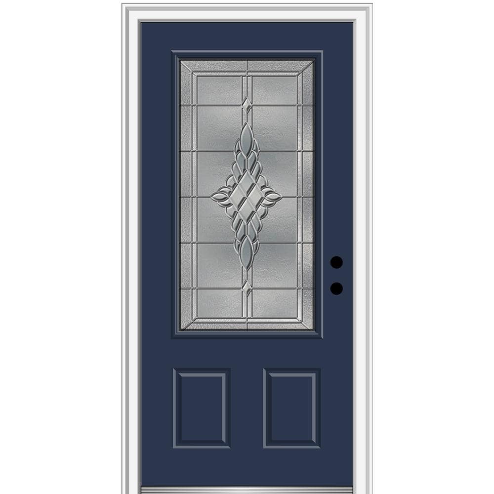 MMI DOOR ZZ3667006L 36-in x 80-in x 4-9/16-in Fiberglass 3/4 lite Left-hand inswing Naval Painted Prehung Front Door with Brickmould Insulating core