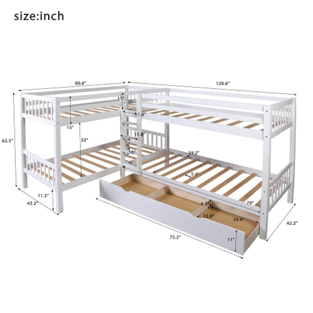 CASAINC Twin L Shaped Bunk Bed With Drawers White Twin Over Twin Bunk   42317452 