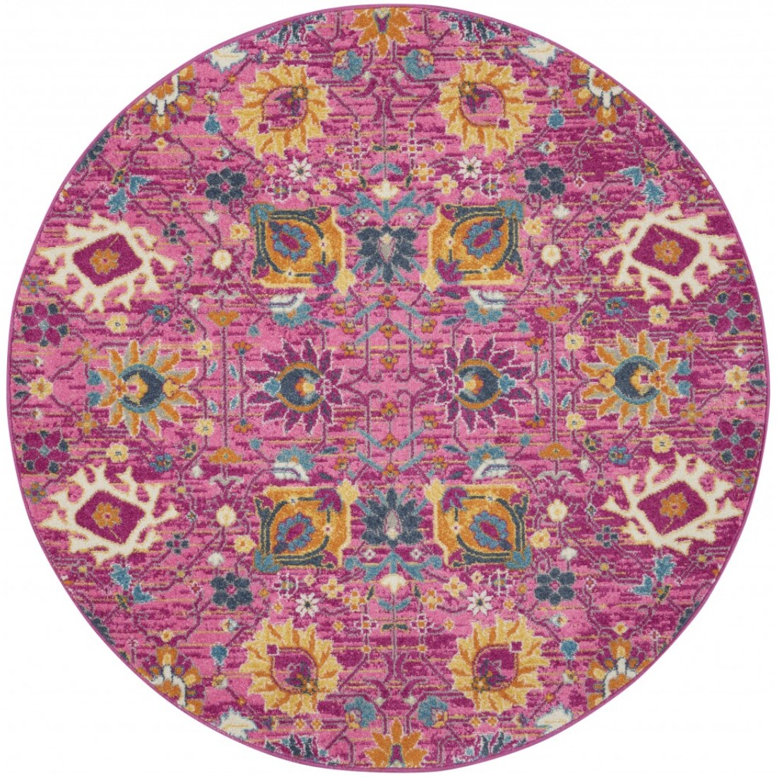 HomeRoots 4000385195 5 x 5 (ft) Polypropylene Fuchsia Round Indoor Floral Area rug