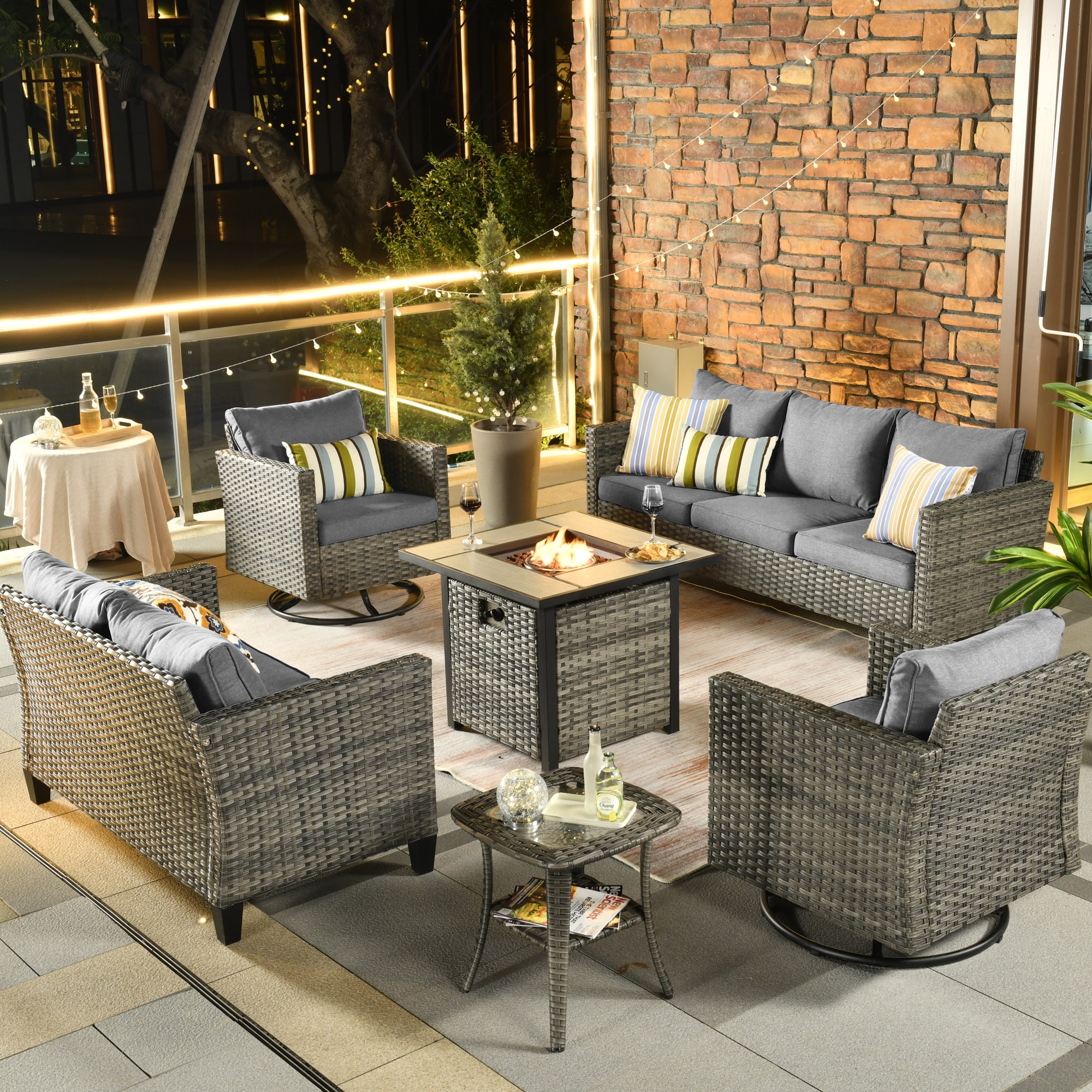 Ovios FPLRS200-6Y 6 -Piece Wicker Patio Sofa Conversation Set with Dark Gray Cushions