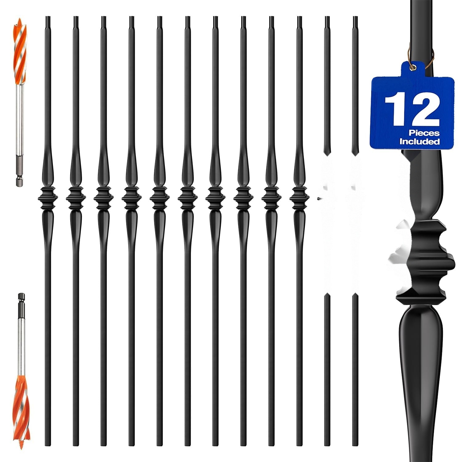 Misopily  Wrought Iron Hollow Balusters 12-Pack Black Stair Spindles with 2 Drill Bits for Interior Staircase Railing Installation