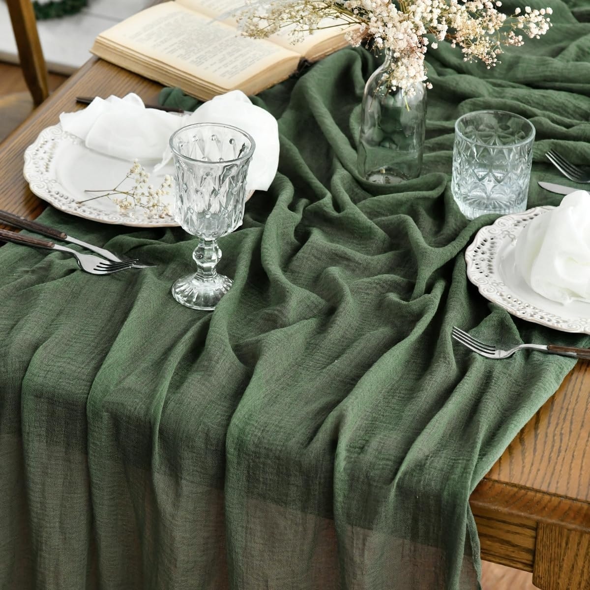 Afoxsos  Forest Green Cheesecloth Table Runner 120 Inch Long Polyester Gauze Fabric for Wedding Holiday Kitchen Dining Table Decor Soft Washable