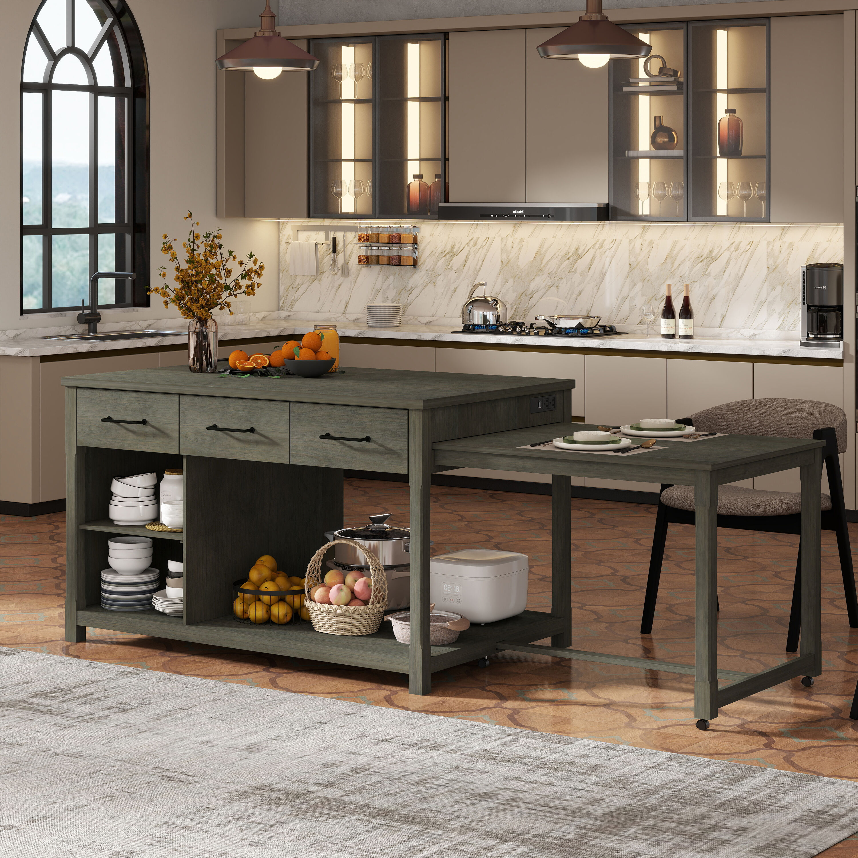 ModernLuxe XW000023AAE Extendable Kitchen Island with Storage MultiFunctional Kitchen Cart with BuiltIn Power Outlets Retro Kitchen Island on Wheels with Drawers and Open Shelves for Kitchen Gray
