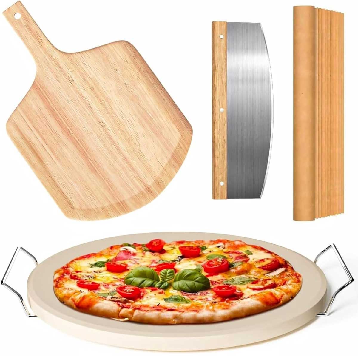 Aoibox  5 Piece 13 Inch Round Pizza Stone Set for Oven and Grill with Oak Pizza Peel Serving Rack Cutter and 10 Cooking Paper Sheets