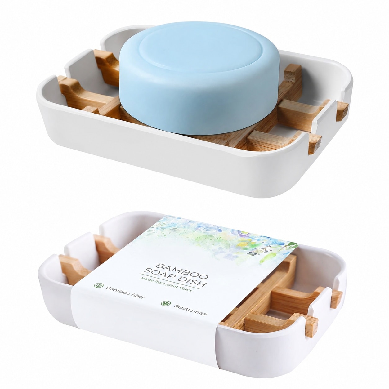 Phyfalip  Bamboo Soap Dish Set 2 Pack Eco Friendly Bar Soap Holder with Removable Tray Draining Design for Bathroom Sink or Shower Compostable